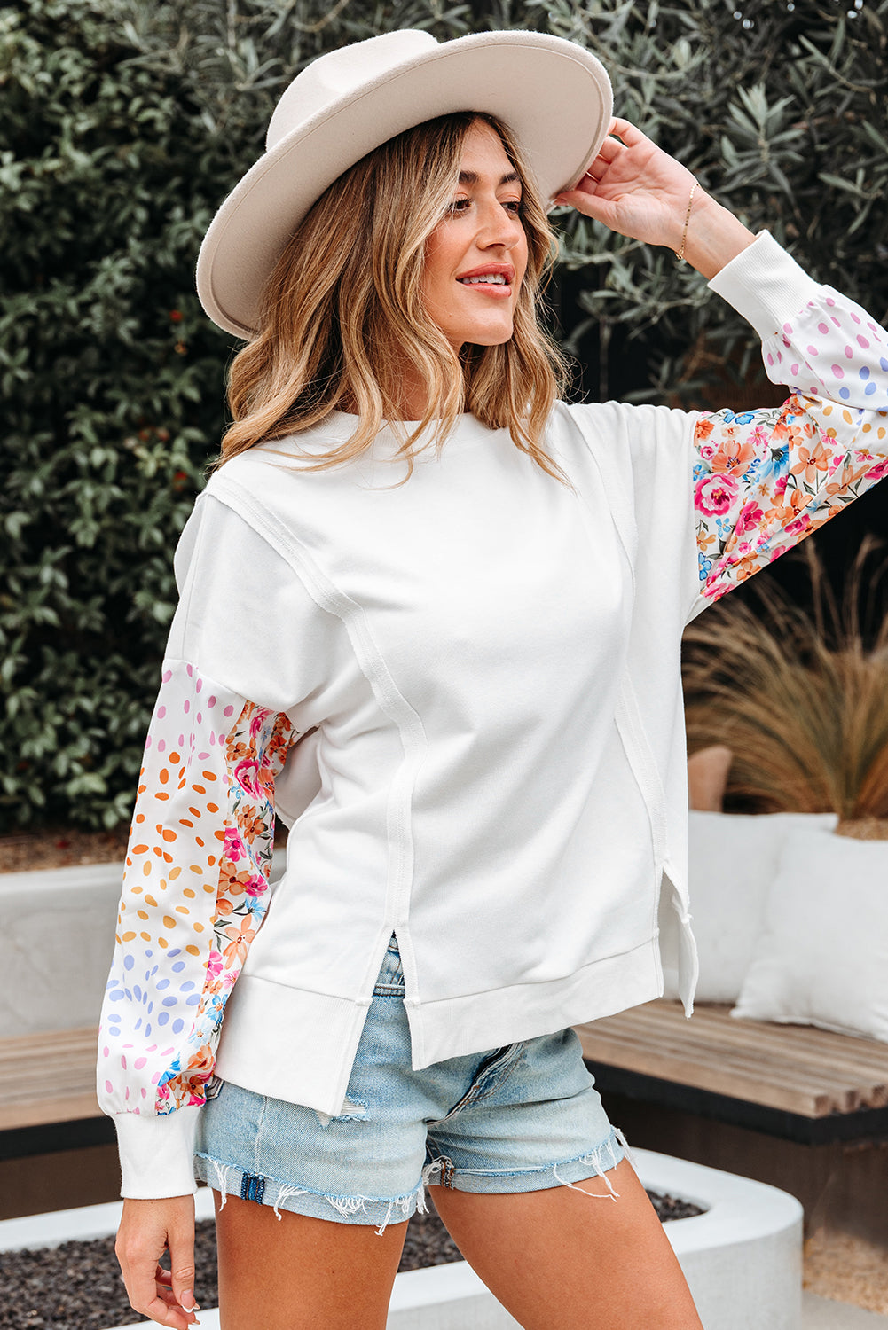 Floral Dotted Mixed Print Patchwork Sleeve High Low Everyday Sweatshirt