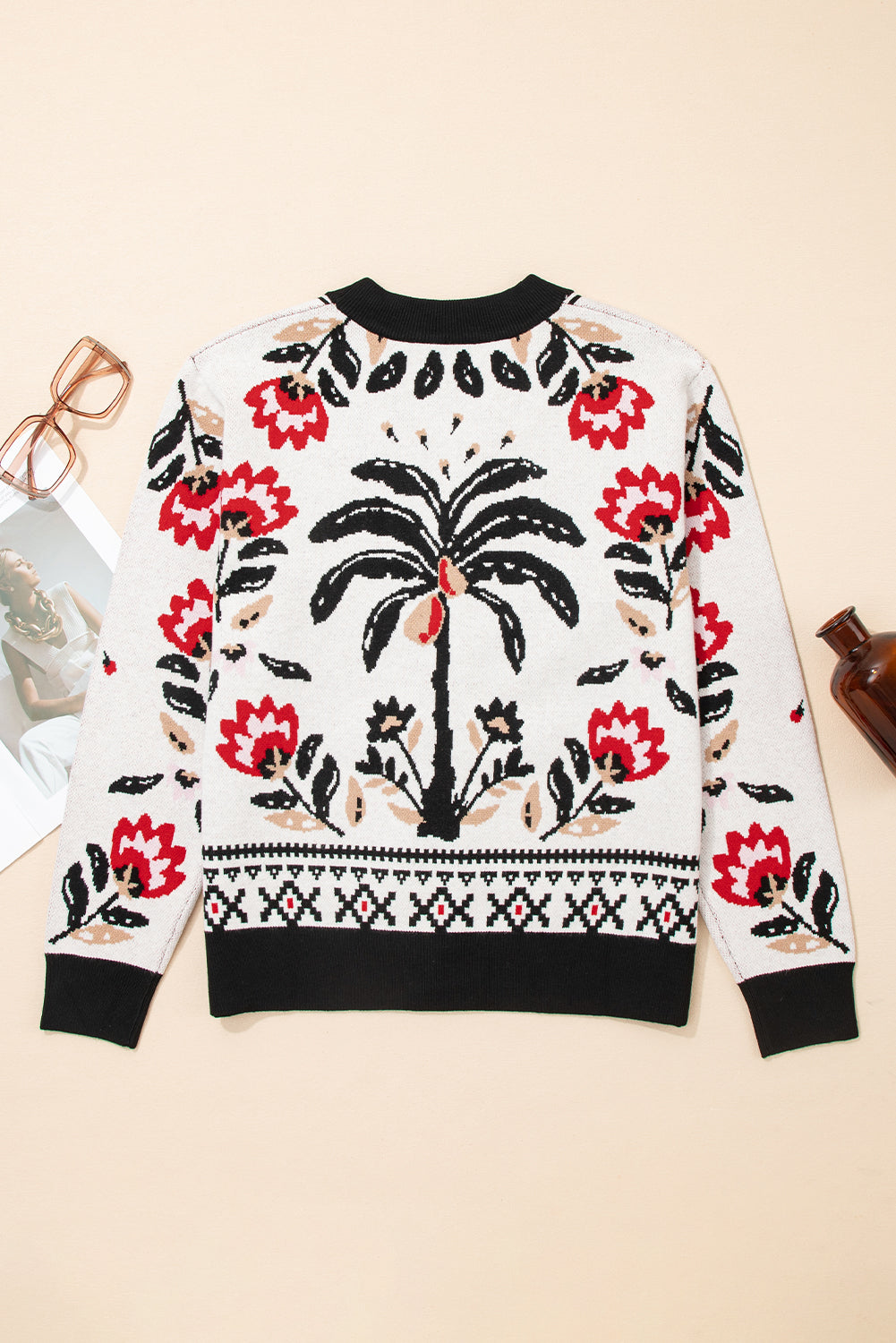 Floral-Print Button-Front V-Neck Knit Cardigan