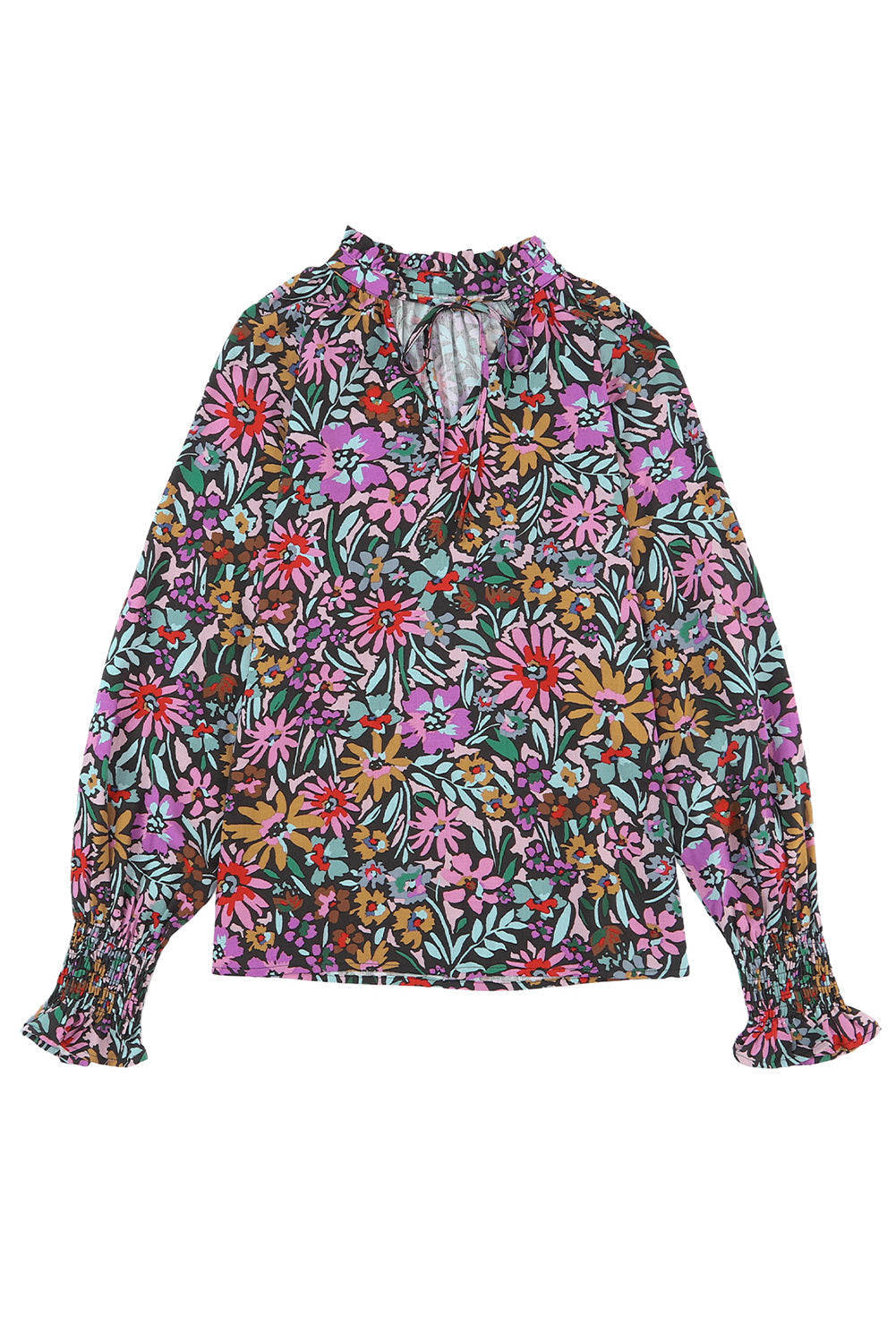 Blouse for Women Floral-Print Print Ruffle-Trimmed Long-Sleeve V Neck