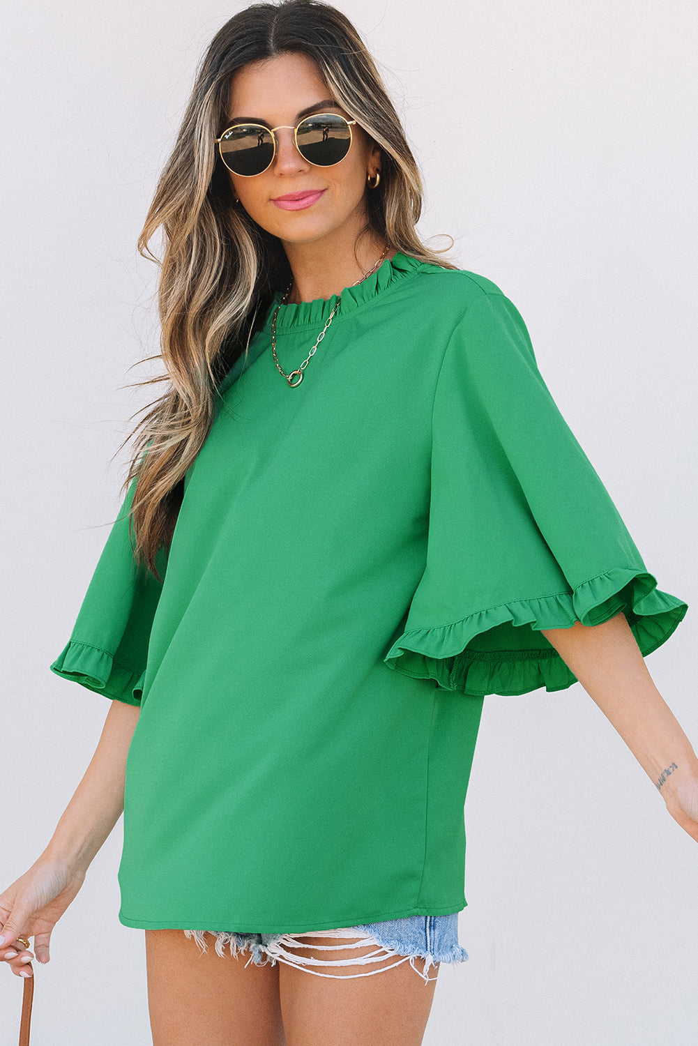 Wide Frilly Round-Neck Half Sleeve Blouse