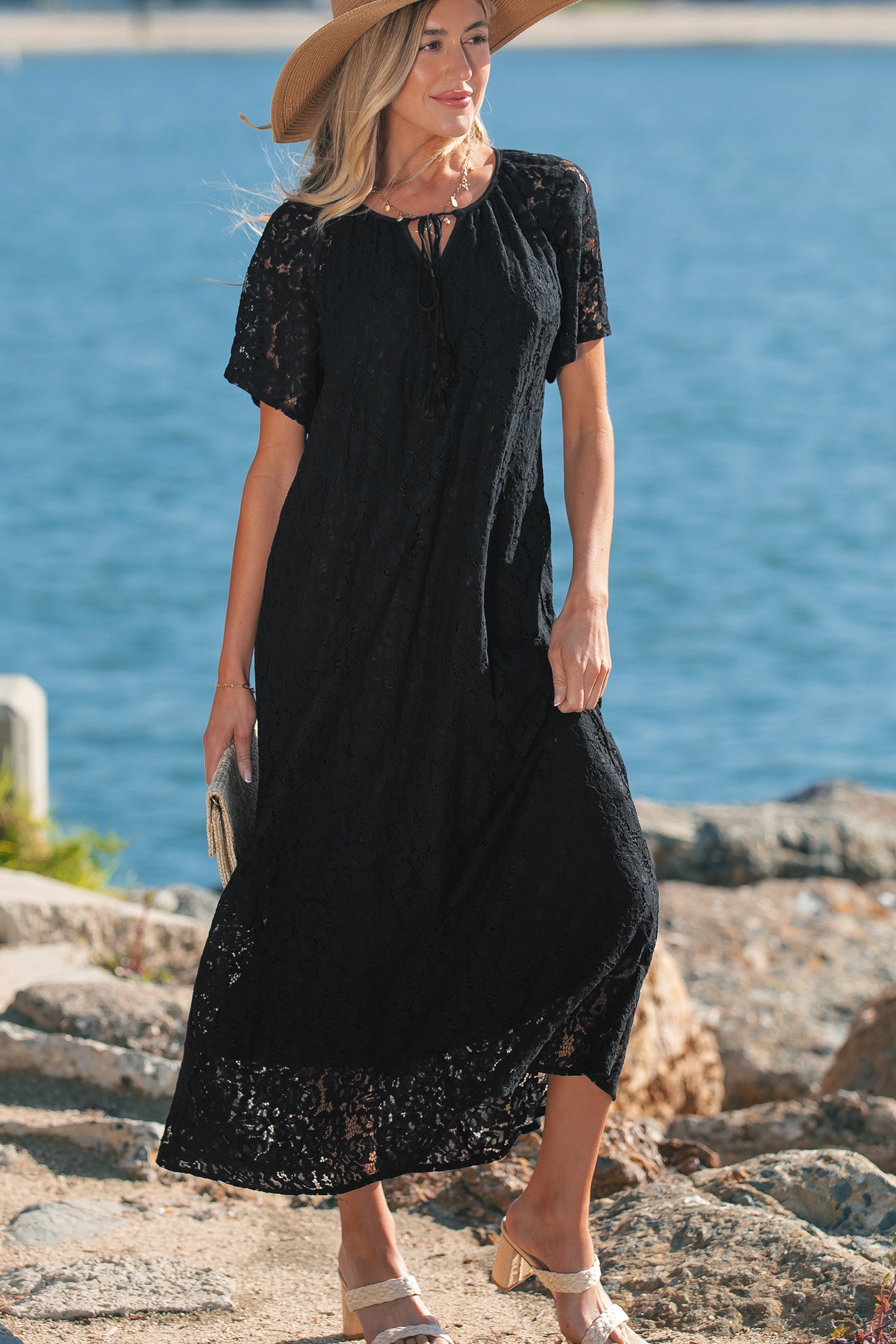 Lace Tie Overlay Tassel Short-Sleeved Beach Vacation Loose Maxi Dress in Black