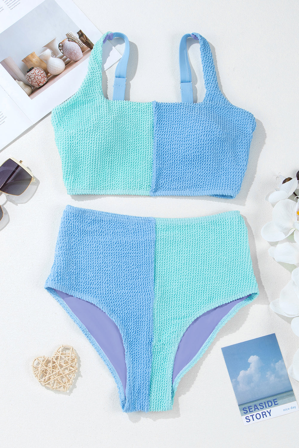 Square Corded Colorblock Neck Bikini Swimsuit in Sky Blue