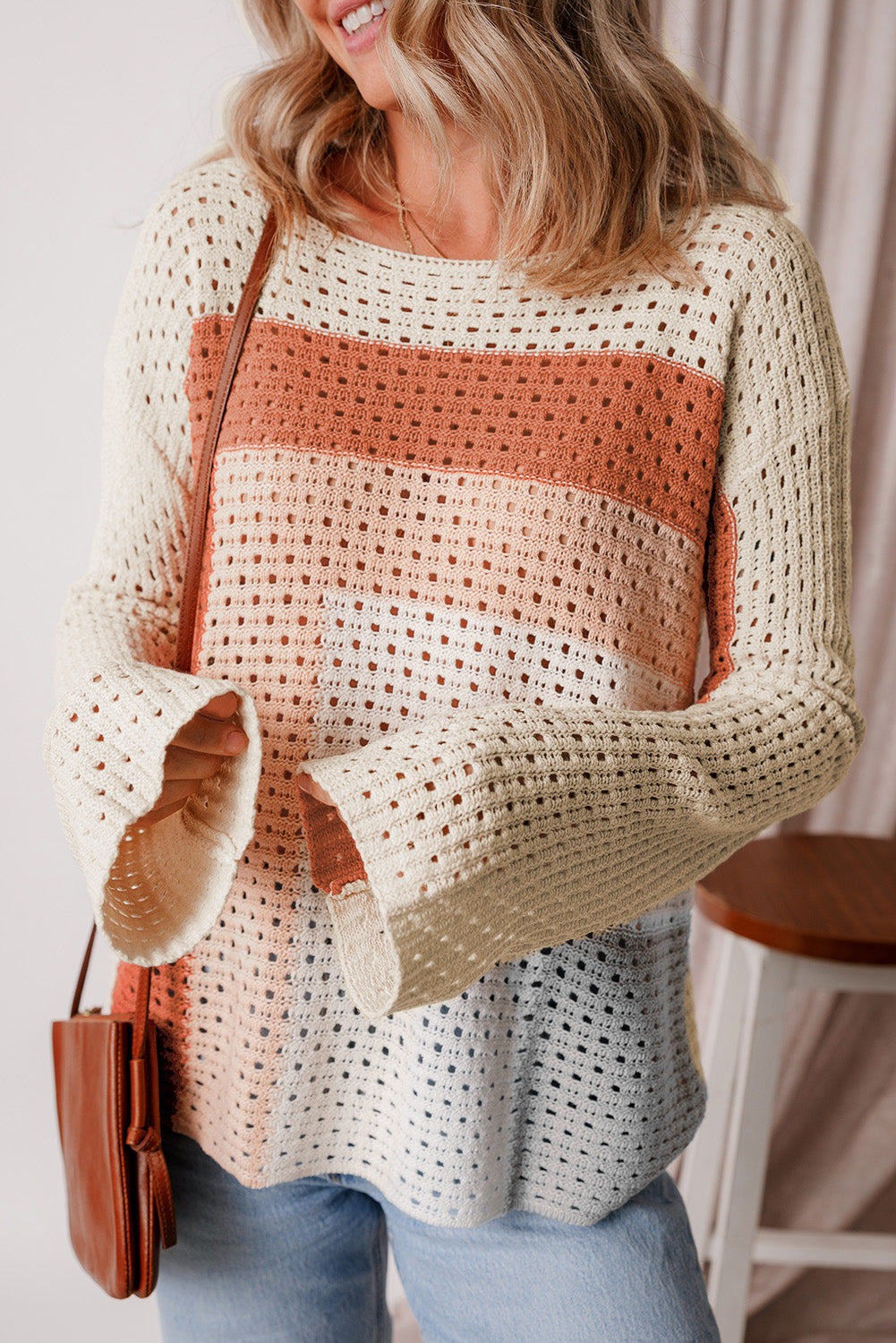 Pull ample en tricot pointelle color block