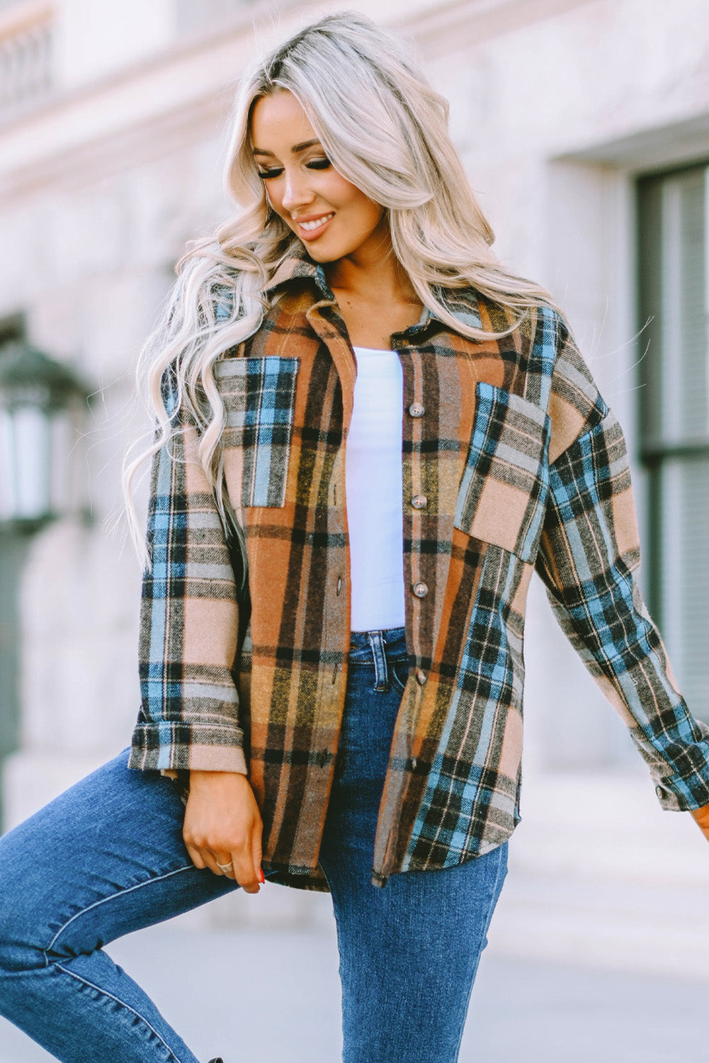 Chemise Boutonnée À Carreaux Avec Poches Et Blocs De Couleurs