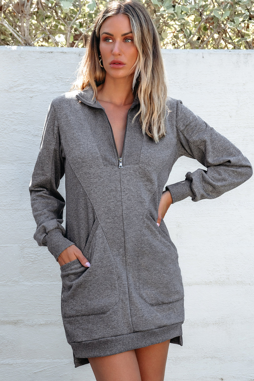 Zip-Front Patchwork Collared Rib-Knit Sweatshirt Dress Featuring Pockets