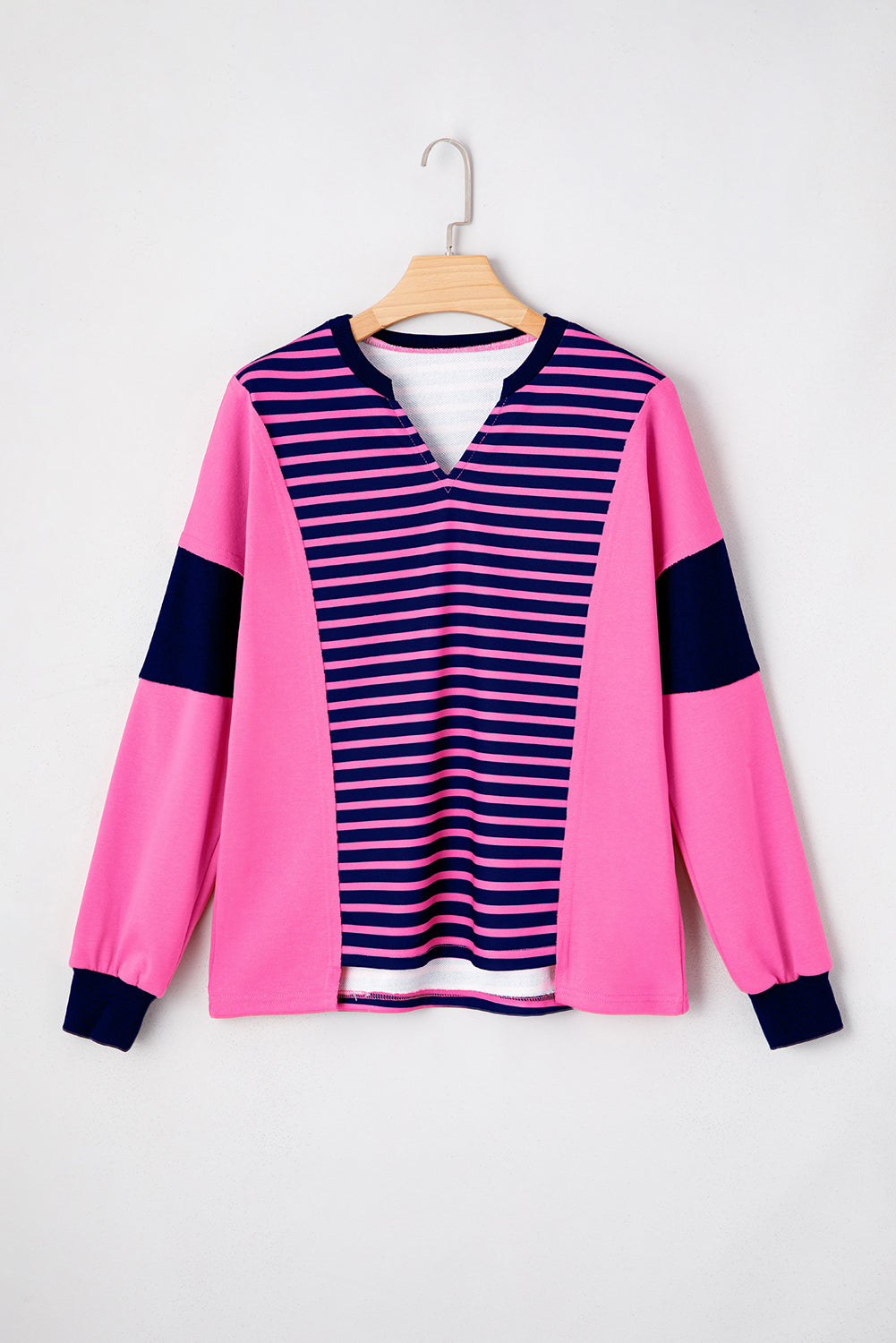 Stripe Colorblock V-Neck Easy-Fit Fit Long-Sleeved Top in Pink