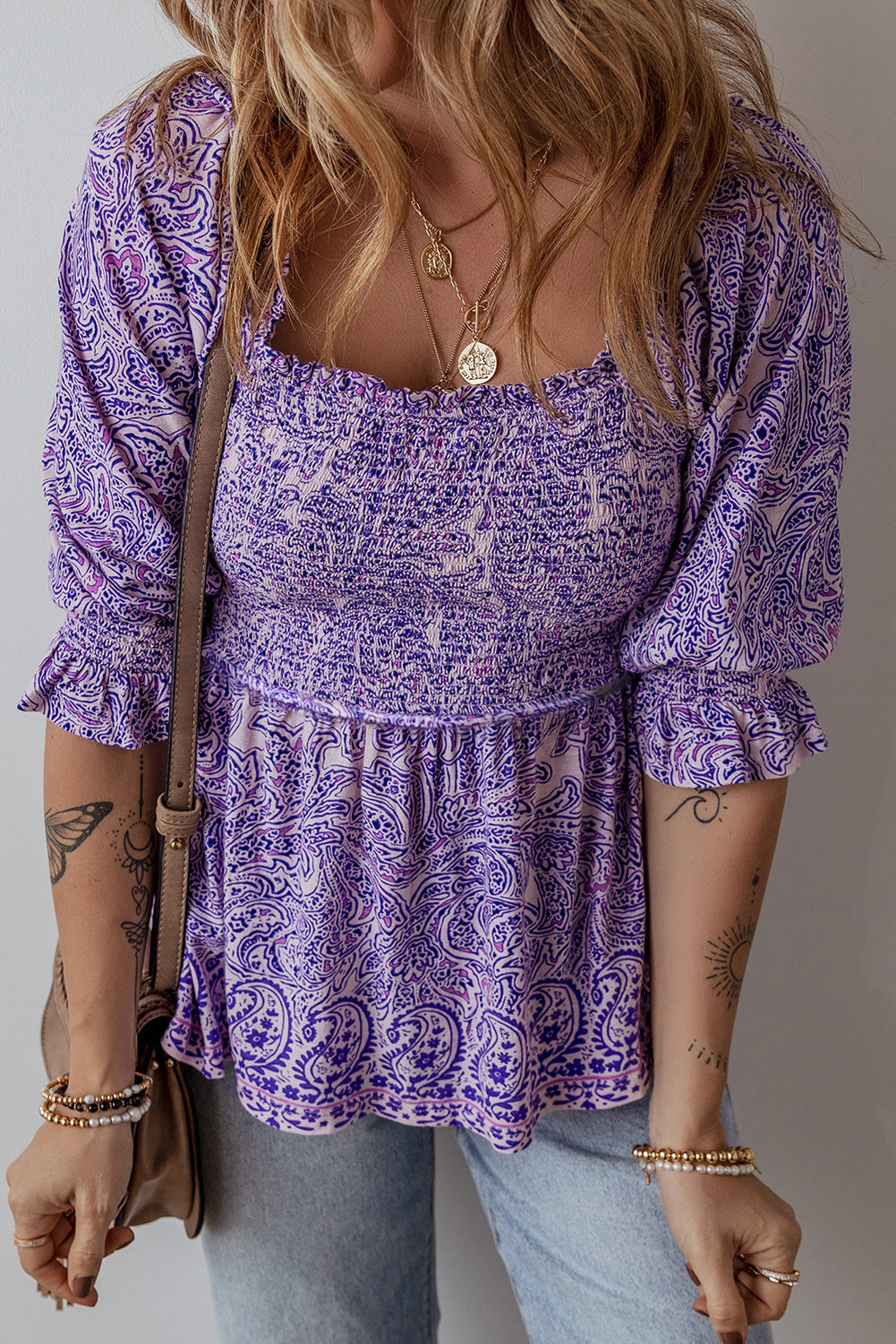 Purple Boho Paisley Print Shirred Peplum Blouse