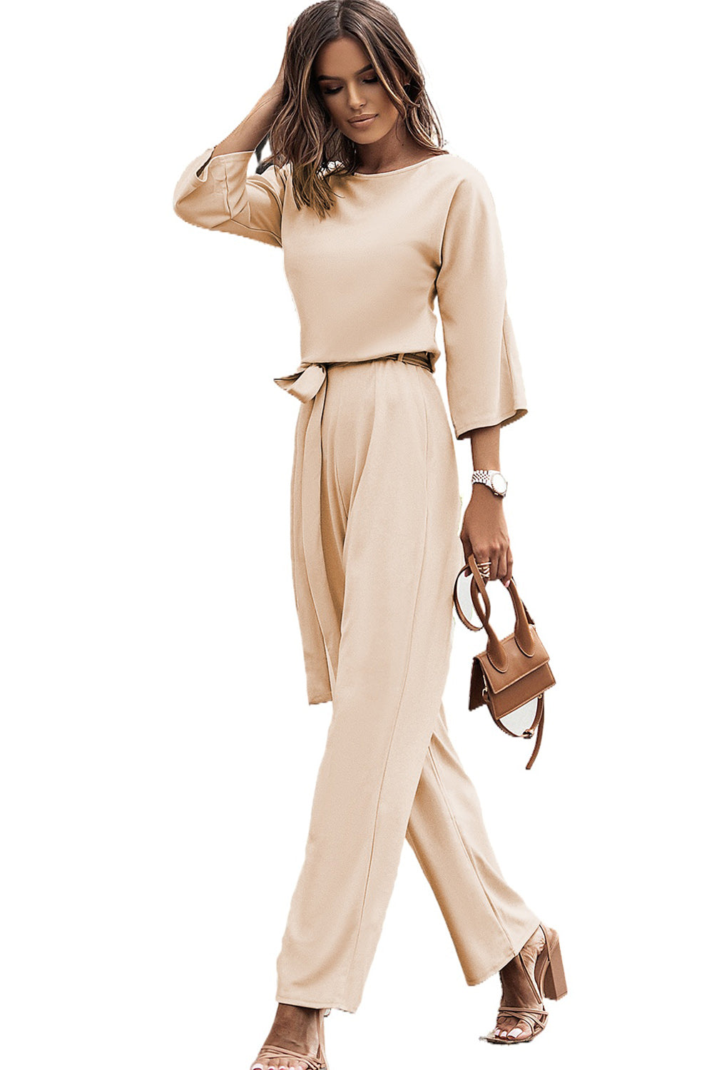 Women's Leg Jumpsuit Featuring Waist Tie Wide Apricot Bracelet-Length Sleeve
