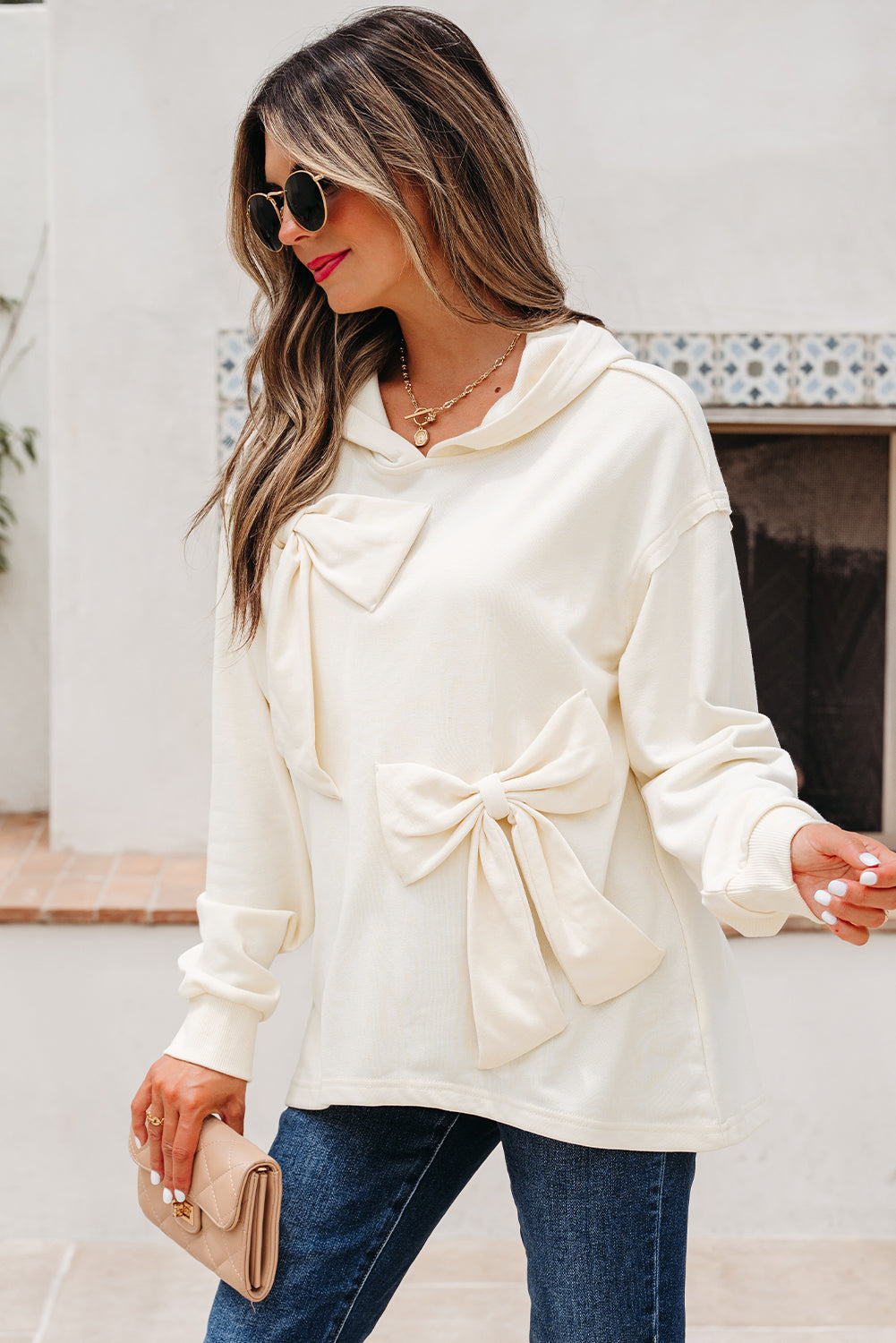 Solid Detail Cute Bow Loose Hoodie