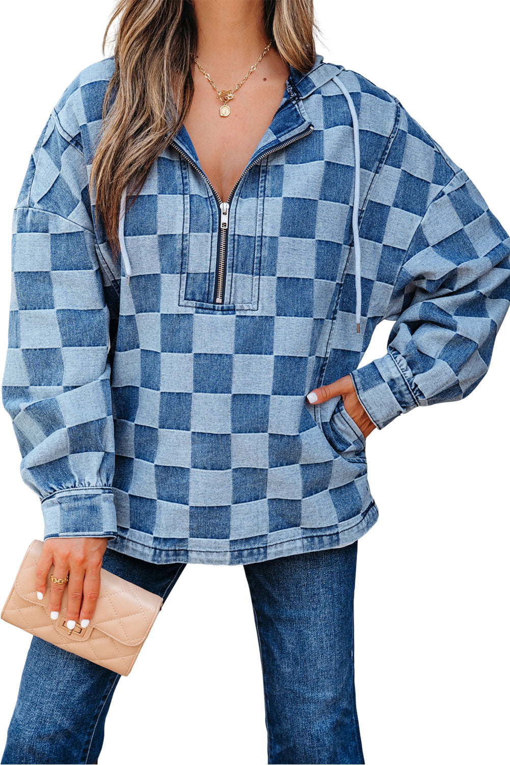 Neck Checkerboard Zip Kangaroo Pocket Denim Hoodie