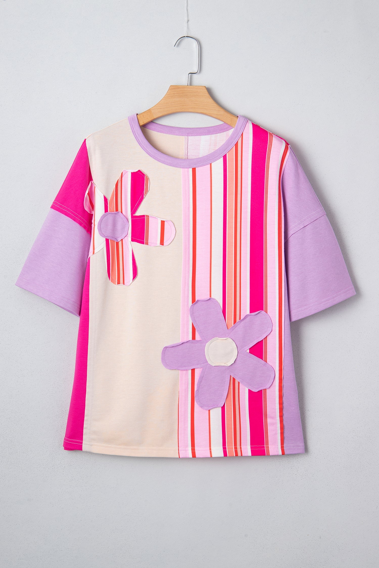 Striped Colorblock Flower Patched Half Sleeve Loose Top