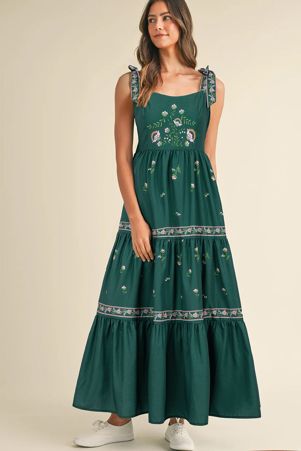 Floral Smocked Back Tied Straps Tiered Maxi Dress