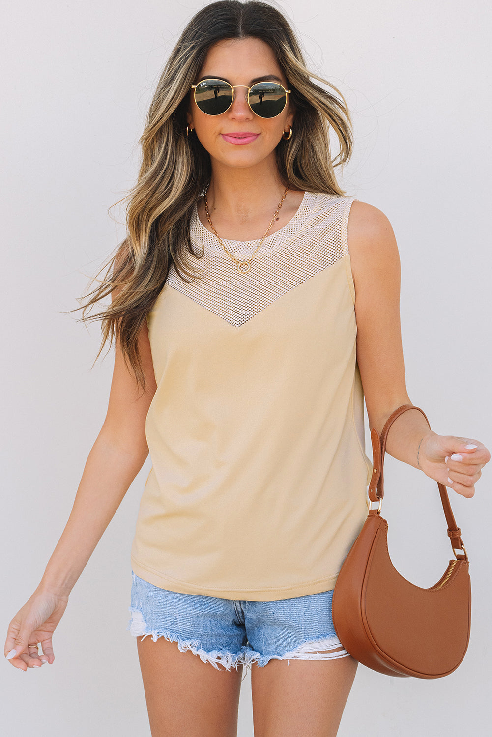 Solid Mesh Patchwork Crew Neck Tank Top