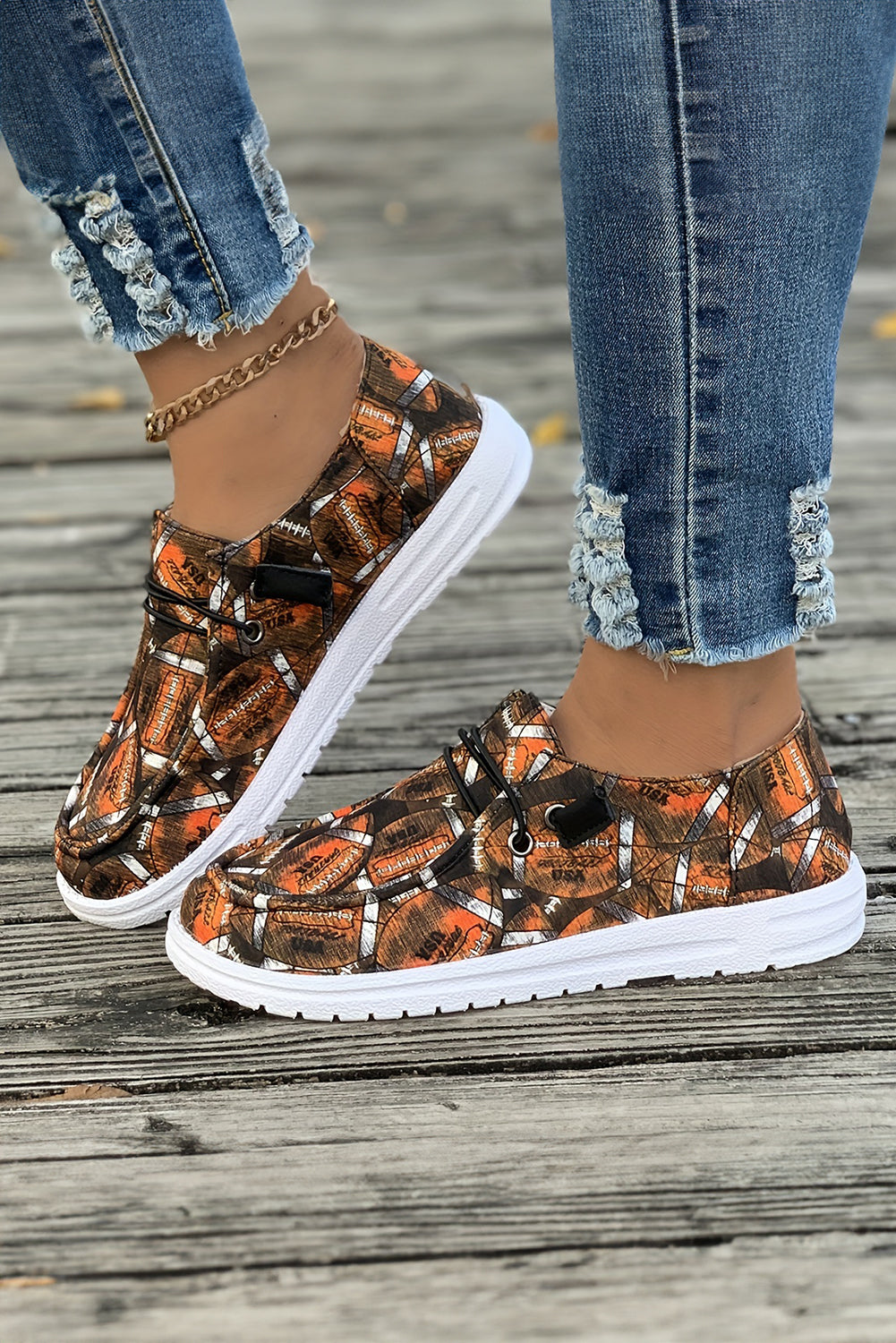 Rugby Lace Allover Print Up Detail Slip On Flat Shoes
