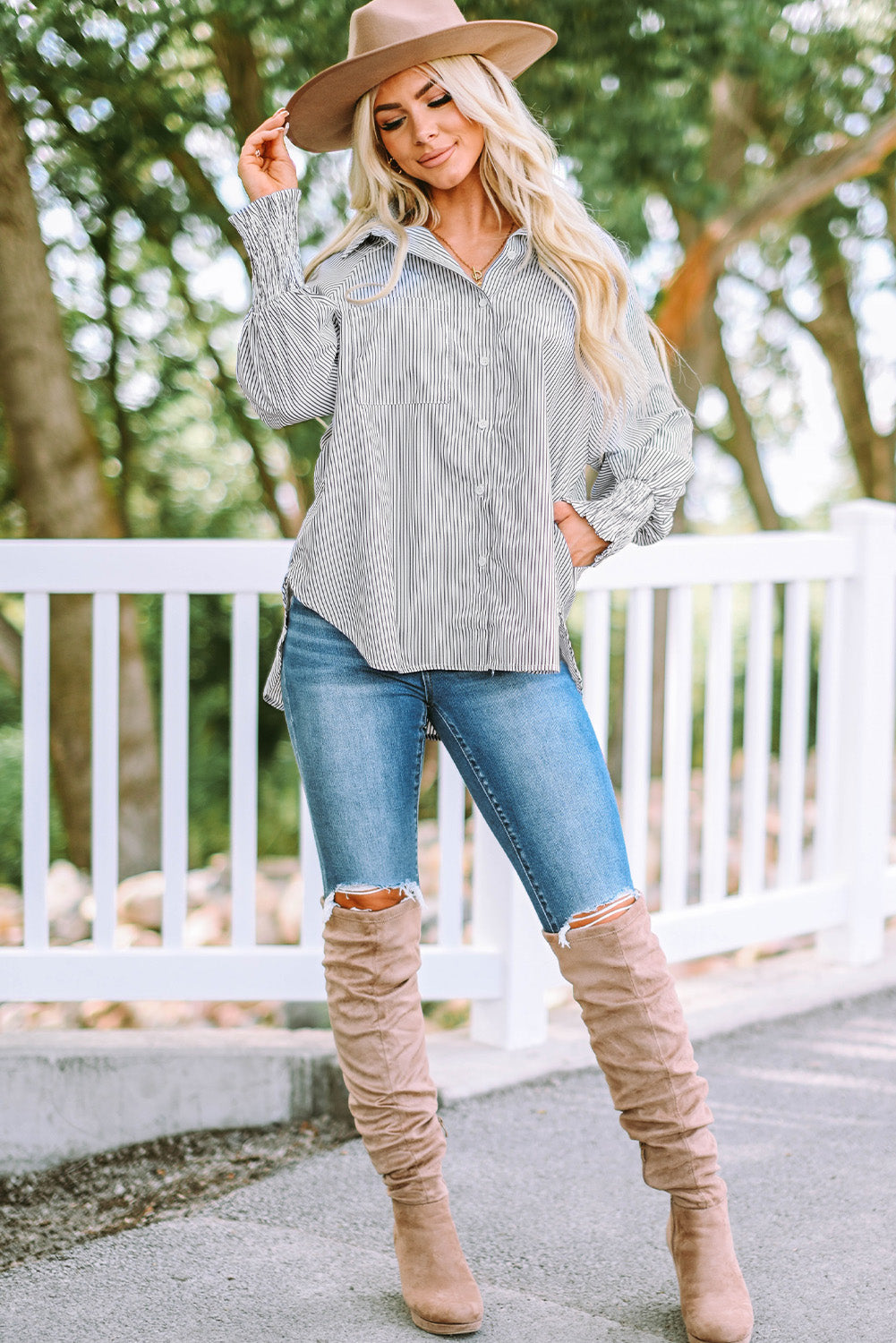 Women's Shirt with Shirred Cuffed Striped Boyfriend