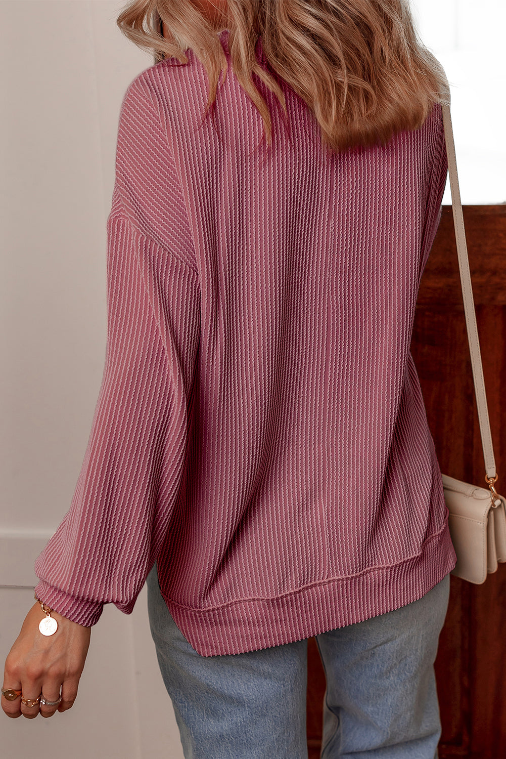 V-Neck Twisted Rib Drop-Shoulder Loose Sleeve Oversize Top