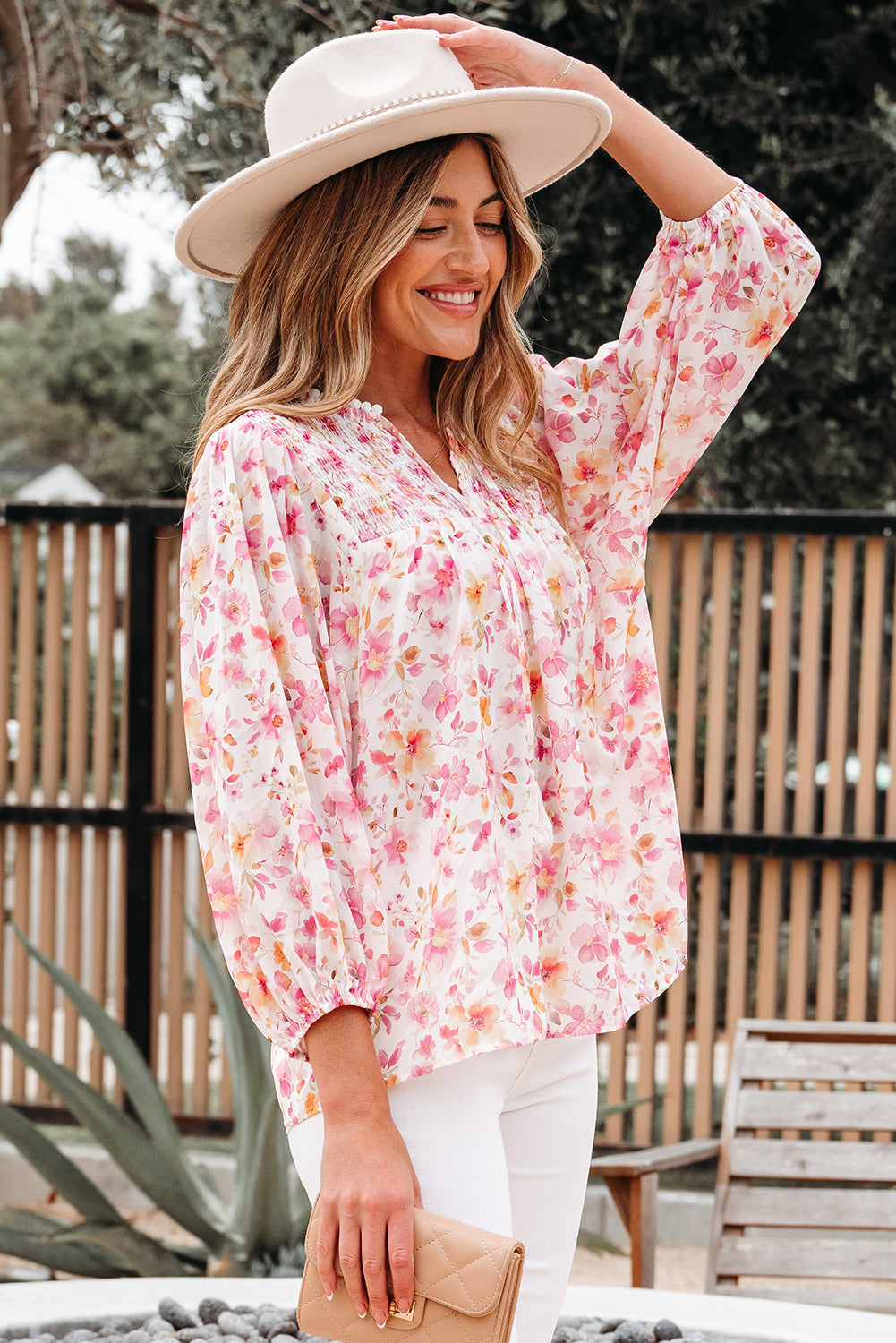 Floral-Print Smocked Tassel Tie V-Neck Puff Sleeve Tunic Blouse
