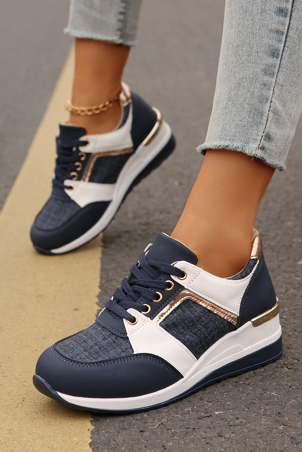 Glitter Patched Lace-up Wedge Sneakers Style