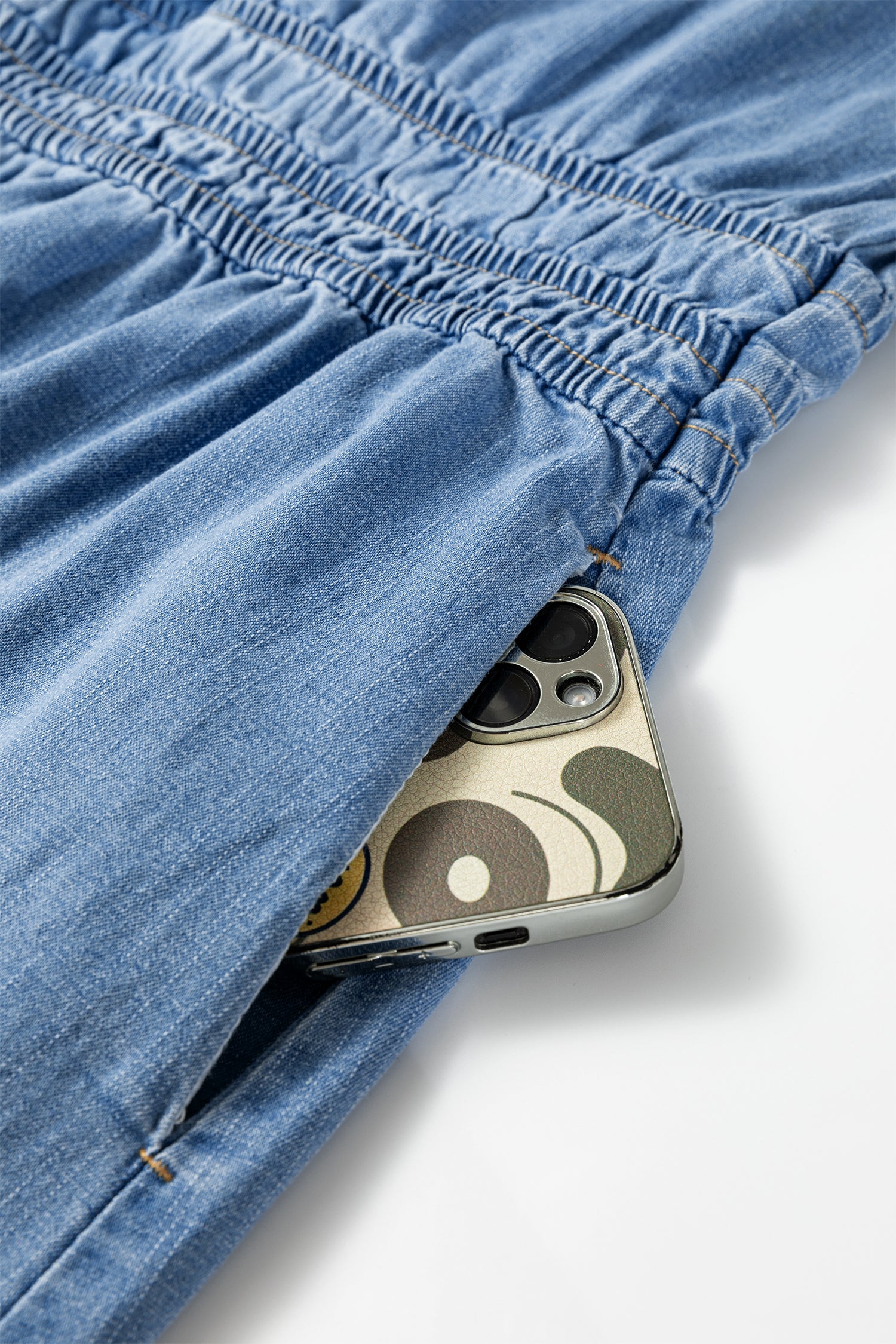 Waist Short-Sleeved Elastic Short-Sleeved Denim Mini Dress in Blue