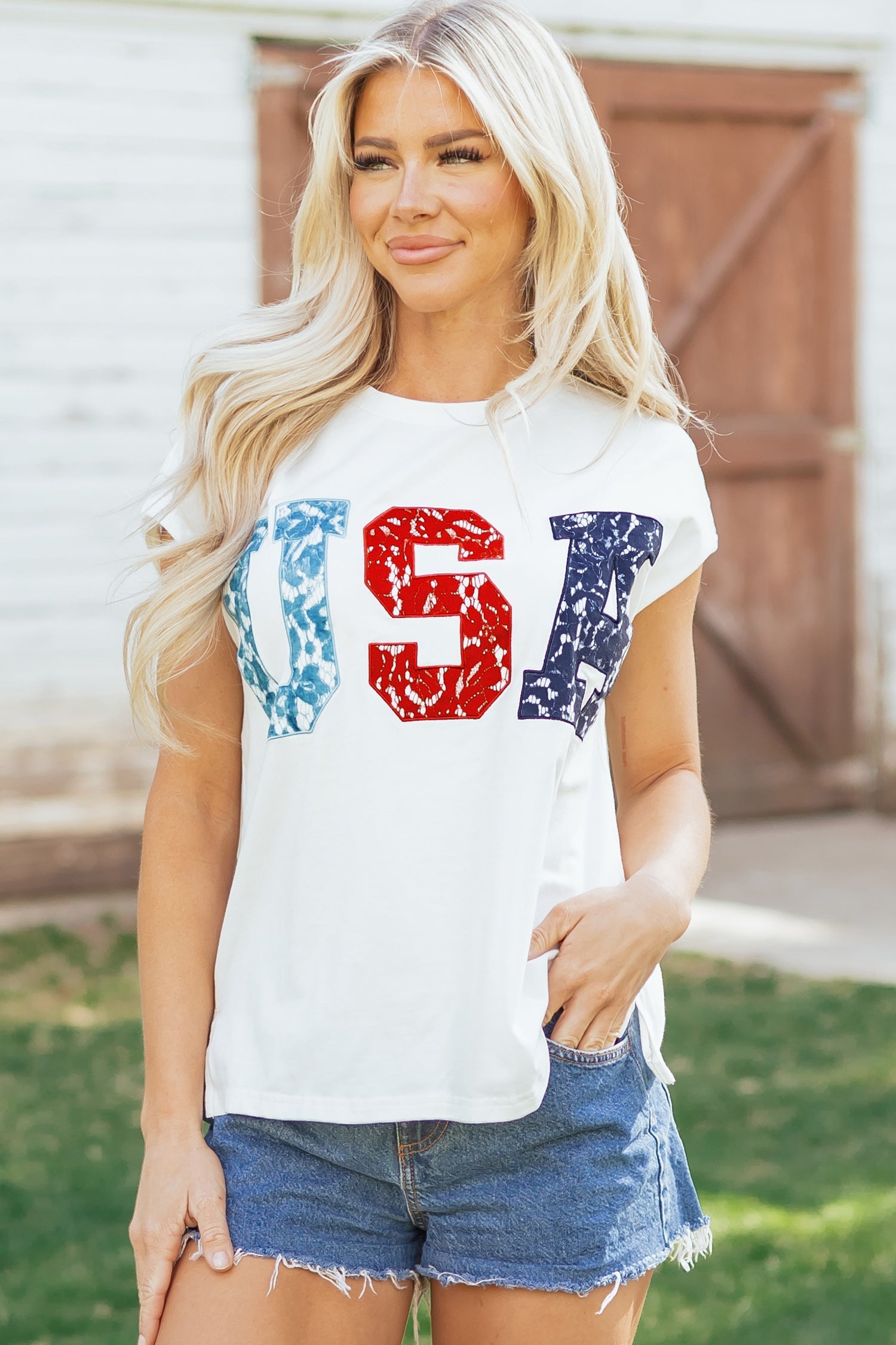 USA Printed Colorblock Letter Dolman Tee in White