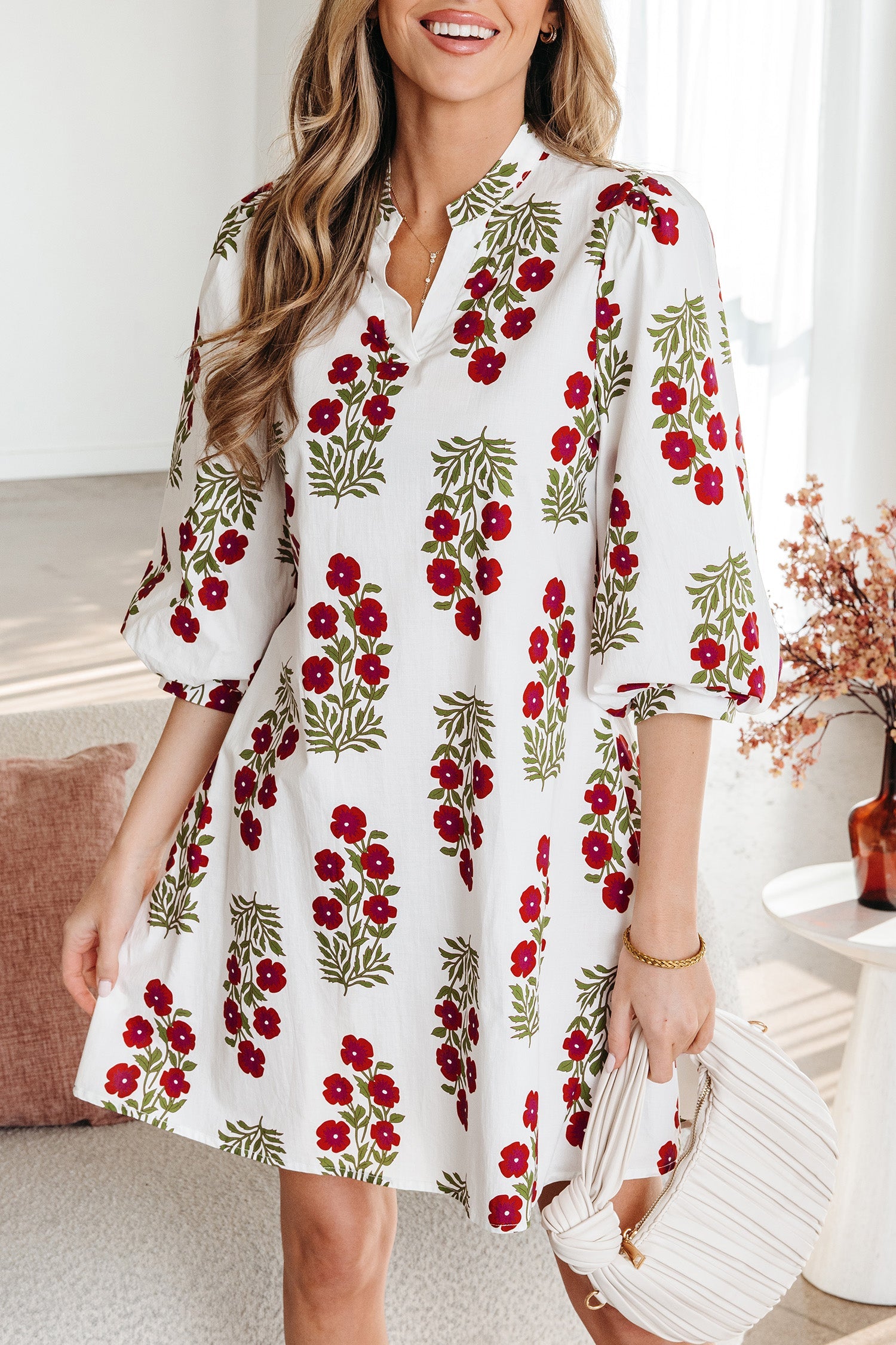 V-Neck 3/4 Floral-Print 3/4 Sleeve Loose Mini Dress in White