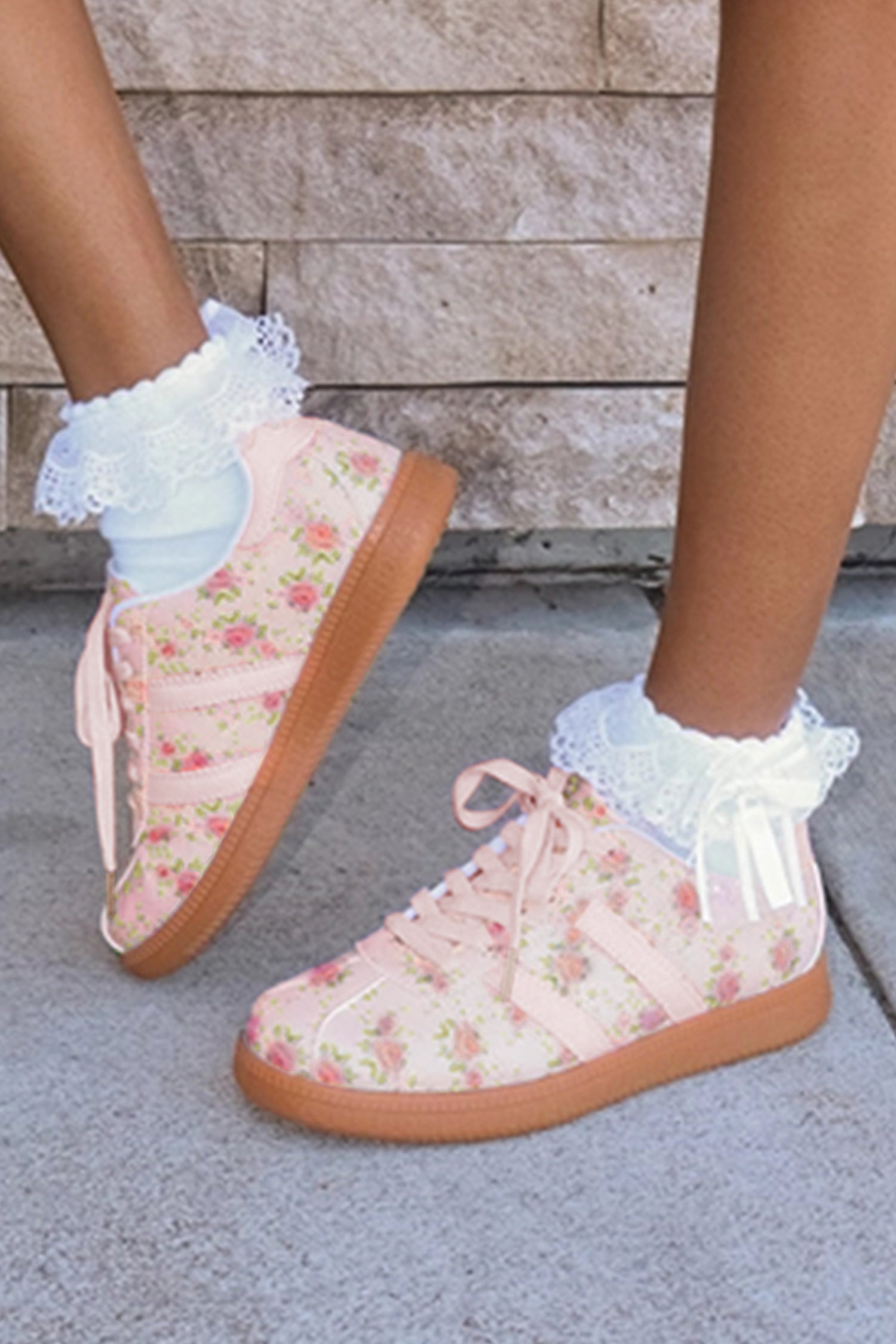 PU Floral-Print Lace-up Leather Flat Shoes in Light Pink