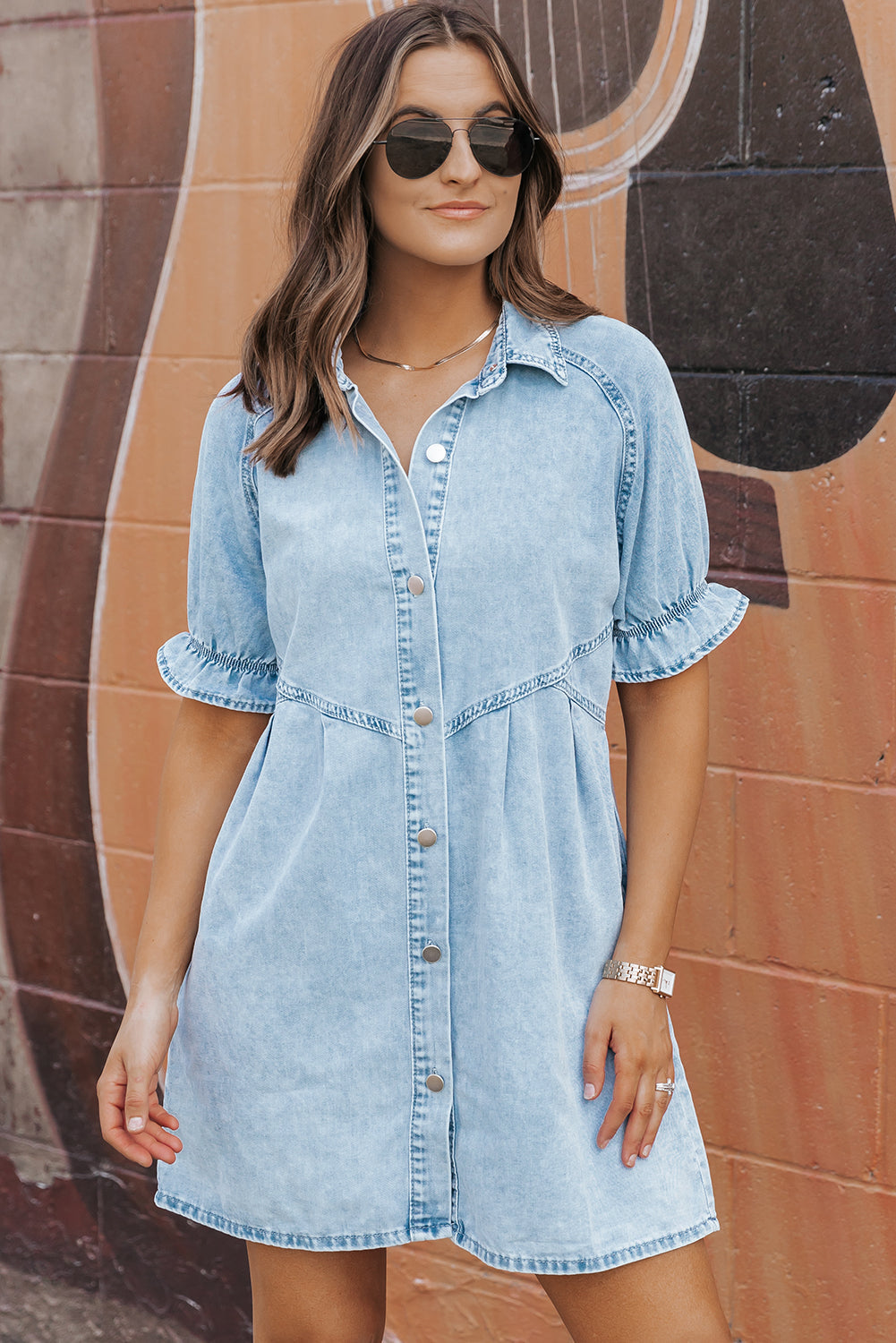 Women's Dress with Ruffle-Trimmed Denim Mineral-Washed