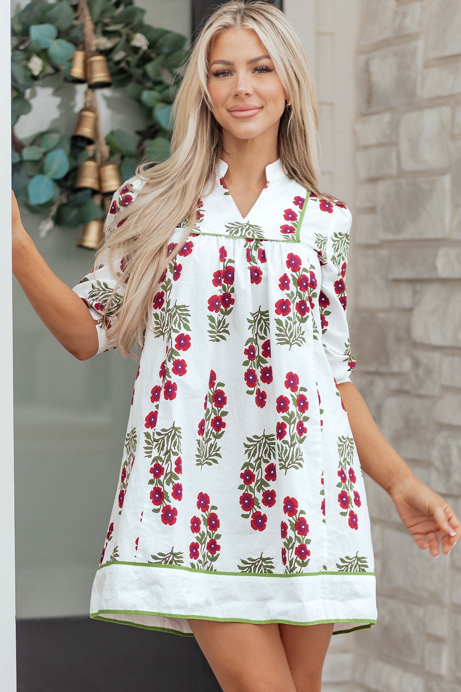 Frilled Sleeve V-Neck 3/4 Loose Floral Dress in White