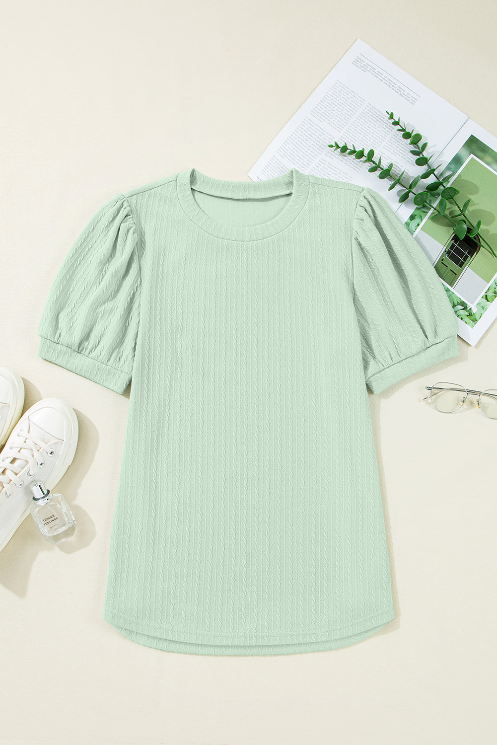 Textured Round Neck Short Puff Sleeve Top