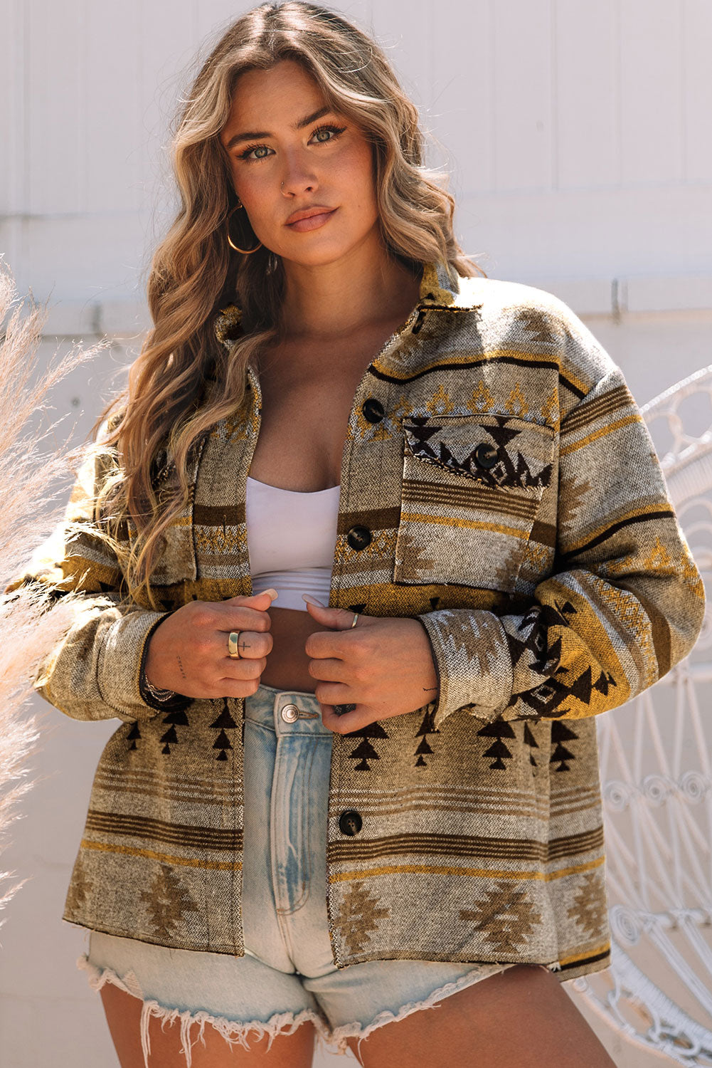 Women's Shacket Featuring Western Aztec-Pattern Jacket