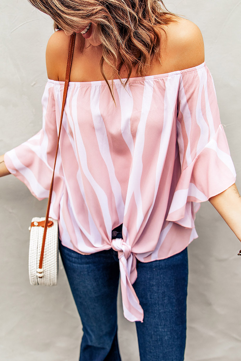 Women's Blouse Featuring Pink White Vertical Stripes Off The Shoulder