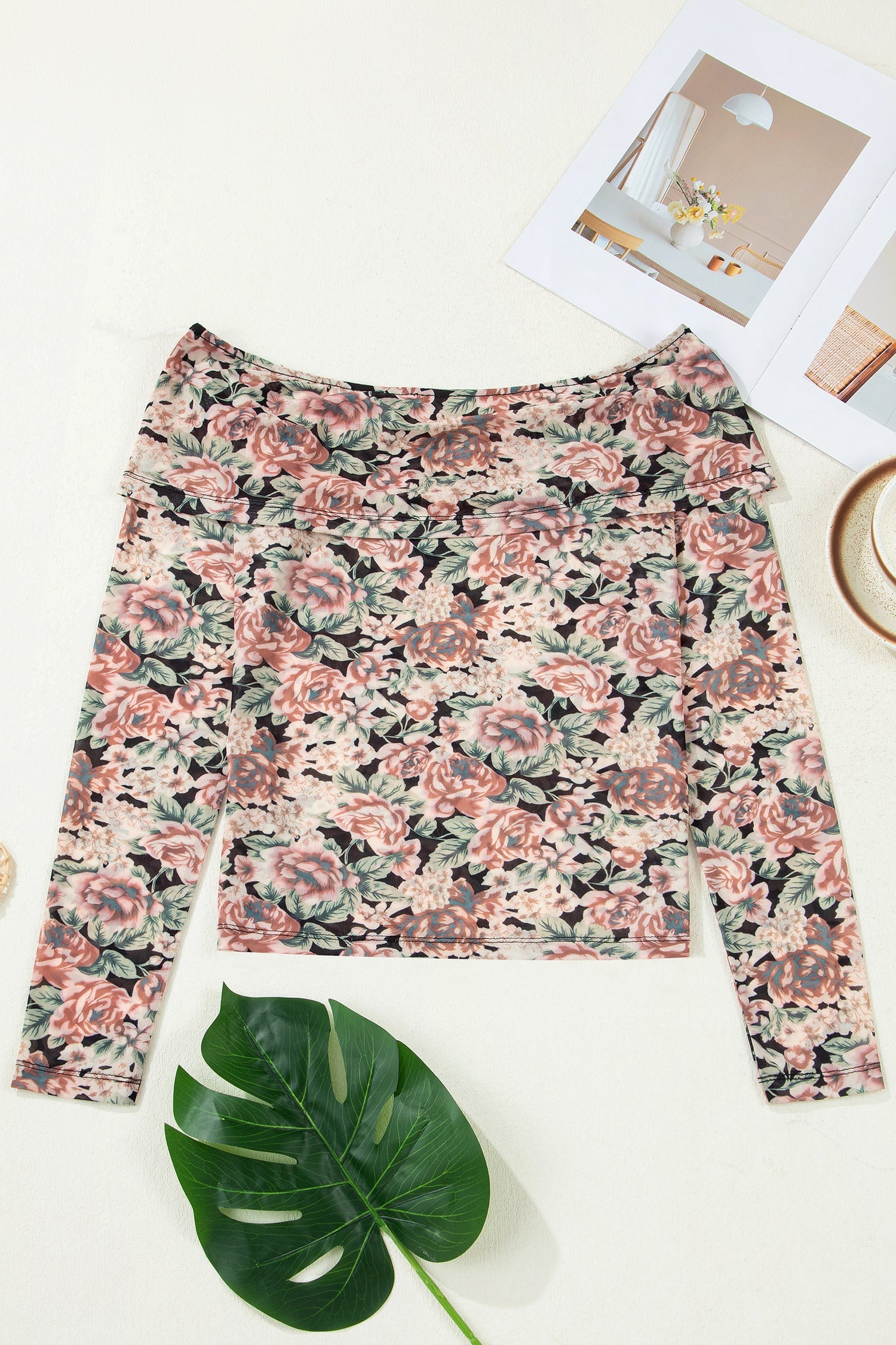 Floral-Print Foldover Mesh Long-Sleeved Off Shoulder Top