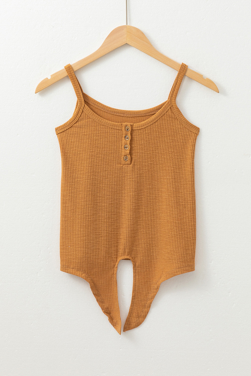Ribbed Front Knot Buttoned Thin Strap Tank Top