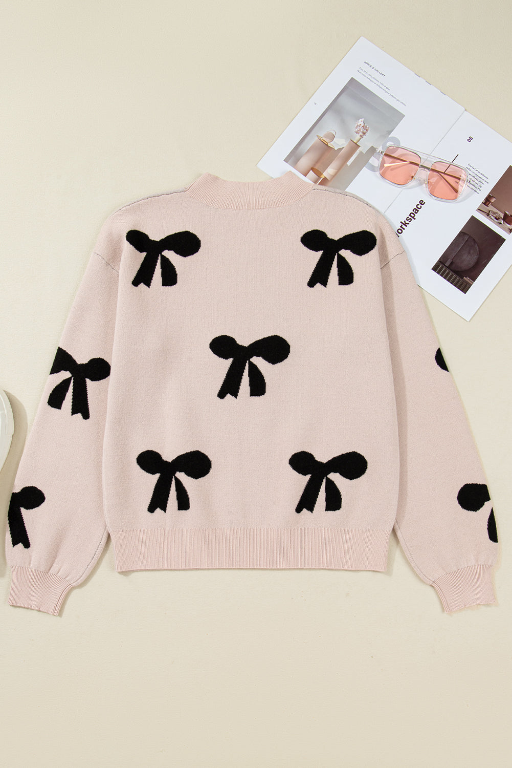 Pearl Embellished Bow Pattern Loose Knit Top