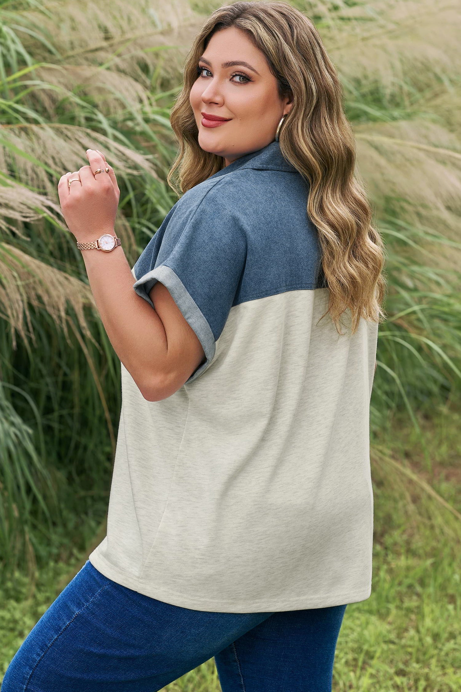 Light Buttons Grey Half Collared Denim Plus Short-Sleeved Top