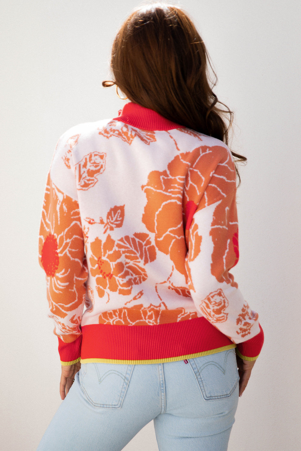 Zip Floral Half Collared Pullover Knit Top