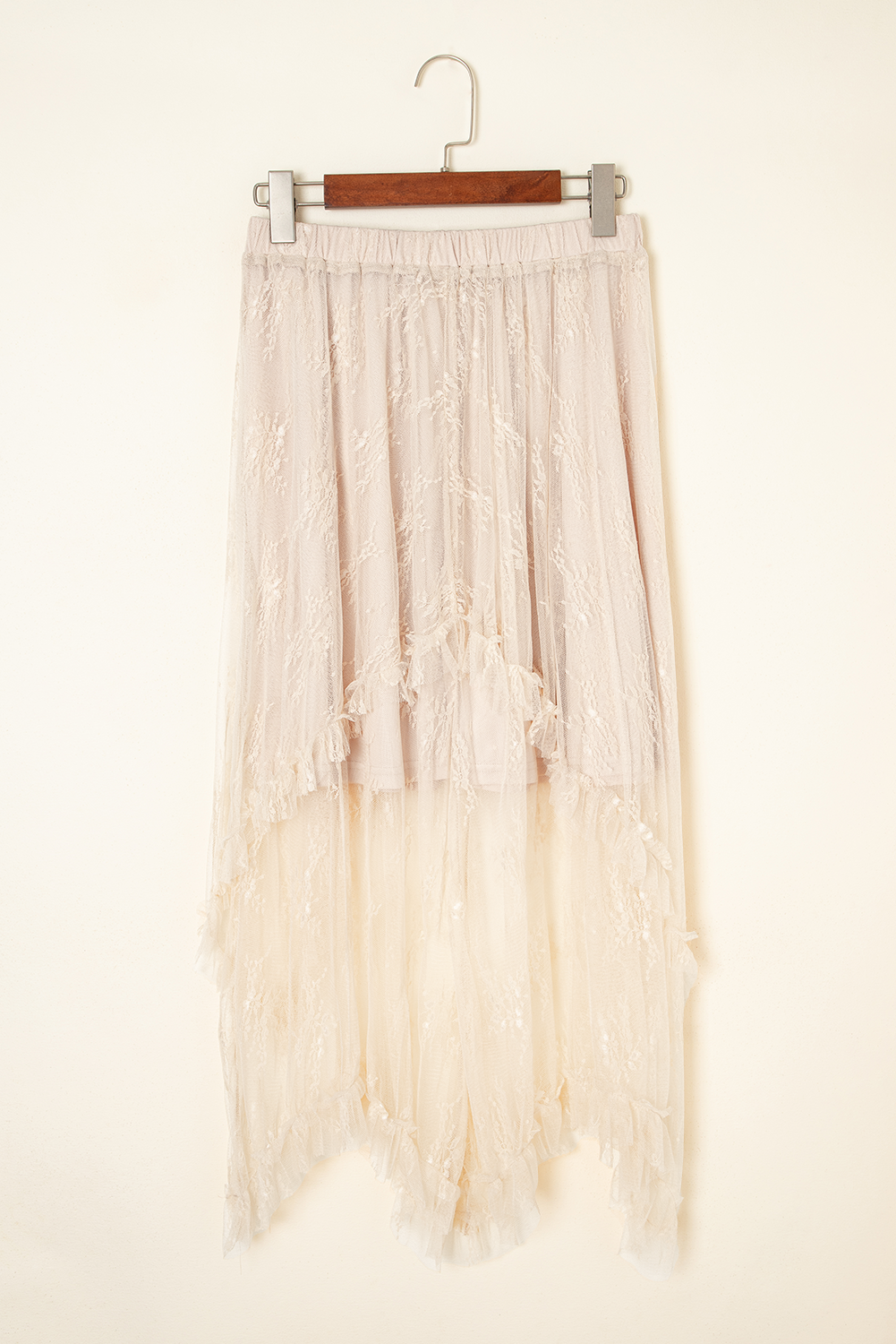 Lace High-Waisted Cascading Tiered Maxi Skirt in Apricot
