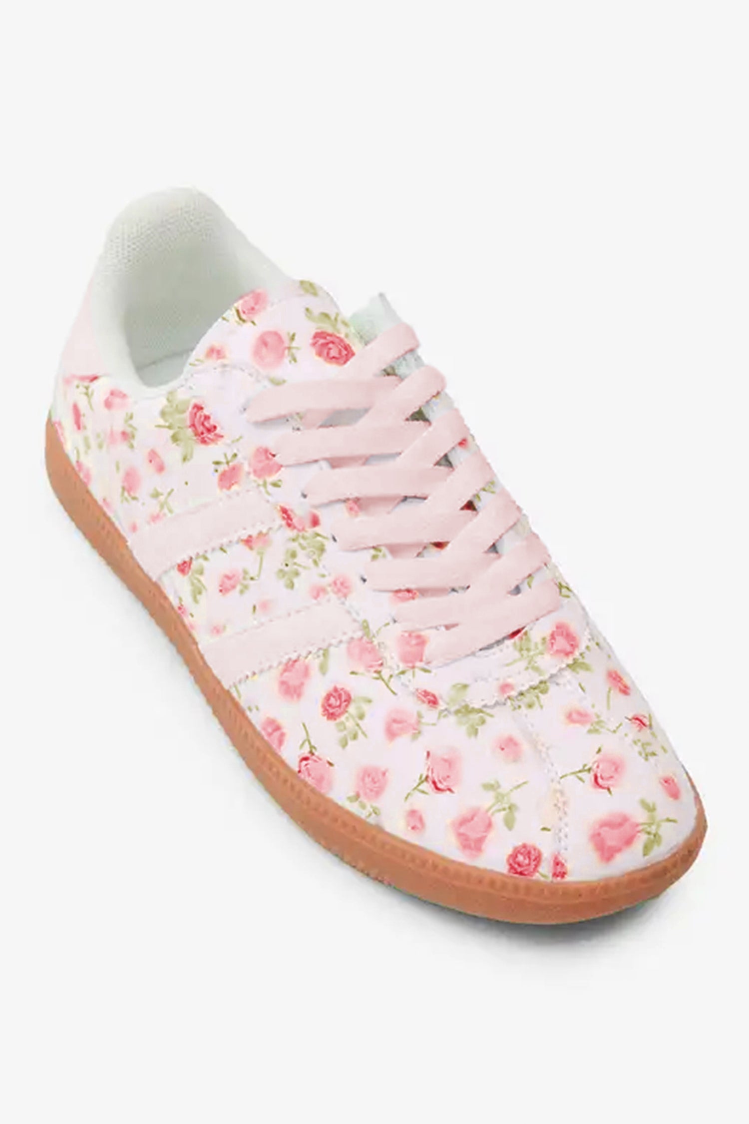 PU Floral-Print Lace-up Leather Flat Shoes in Light Pink