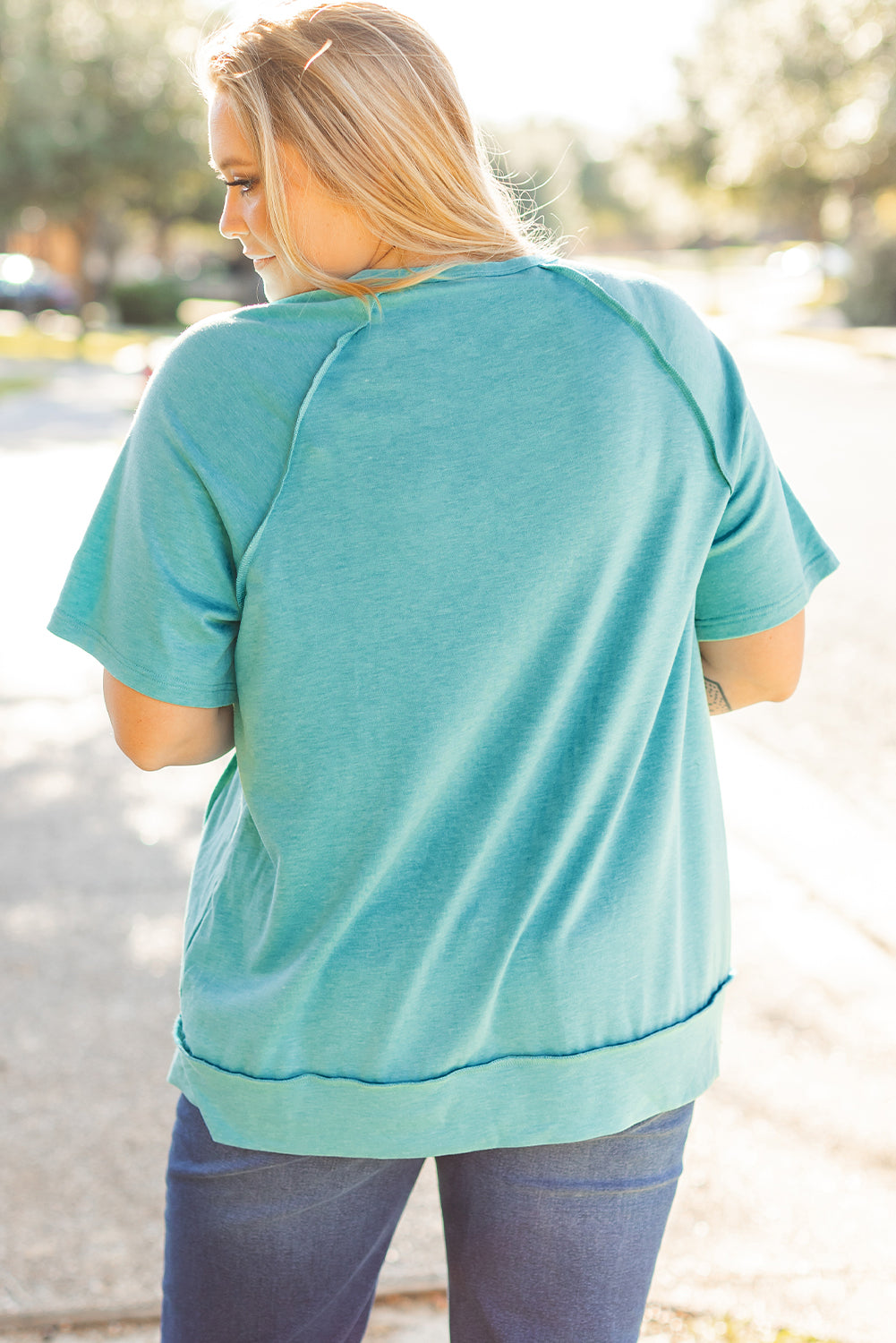 Color Block Raglan Sleeve Buttoned Plus Size T Shirt