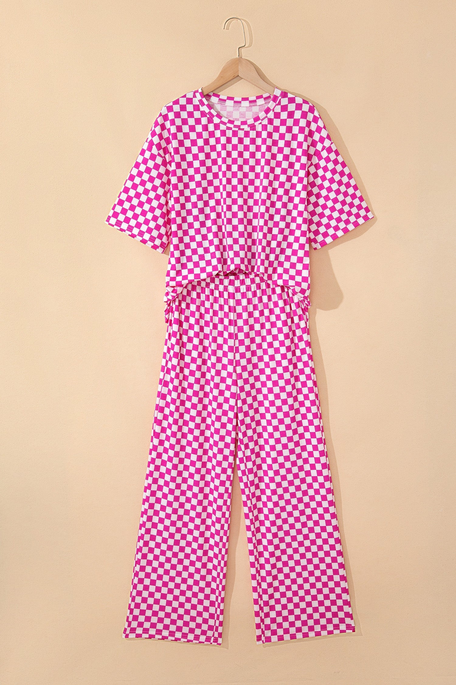 Print Rose Checkered Half Sleeve Tee 2pcs Lounge Pant Set