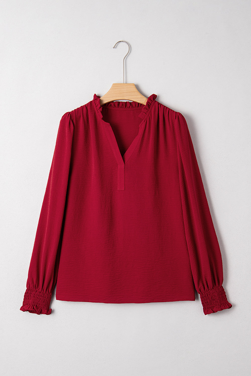 Neck Shirred Notched Shirred Cuff Long-Sleeved Blouse