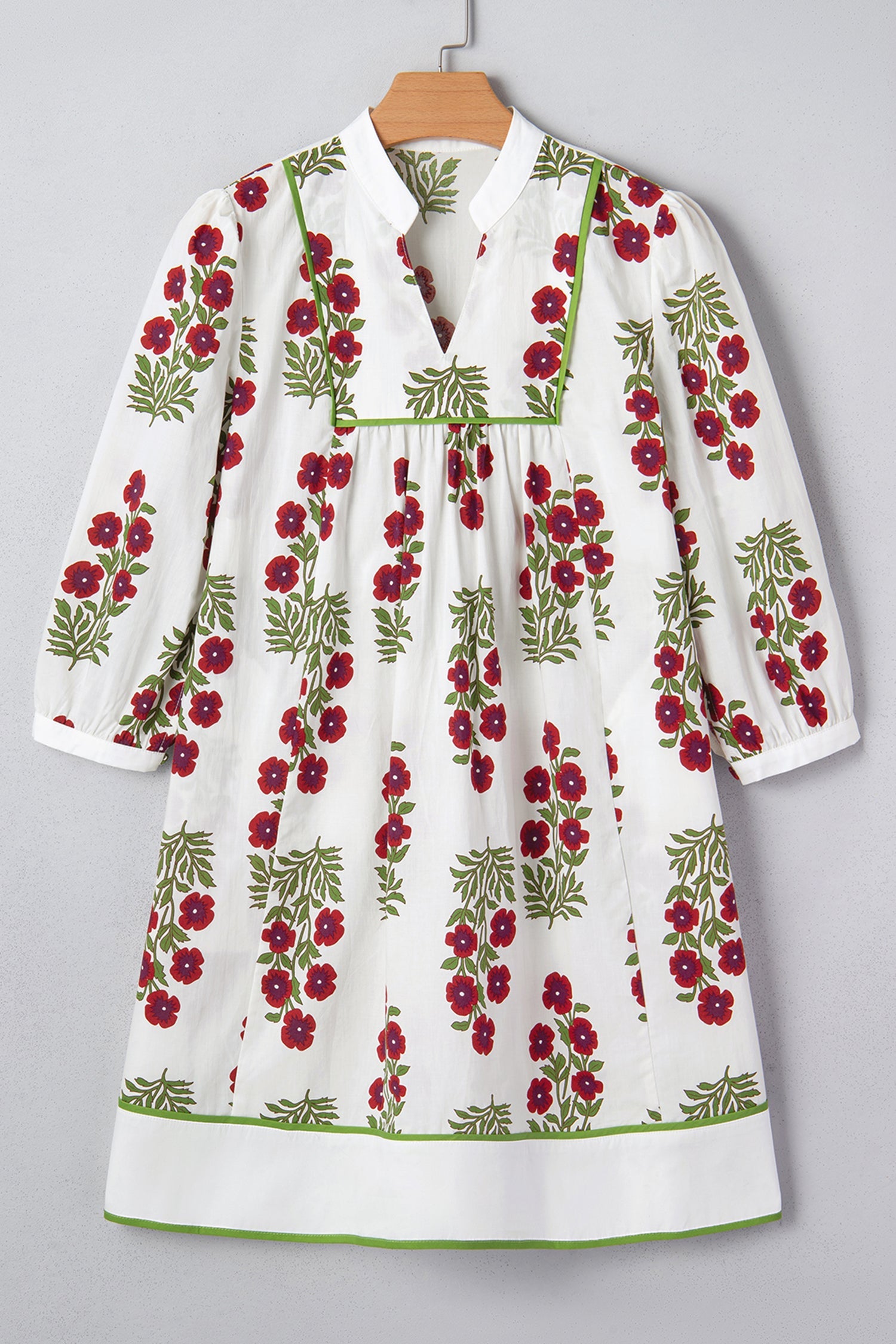Frilled Sleeve V-Neck 3/4 Loose Floral Dress in White