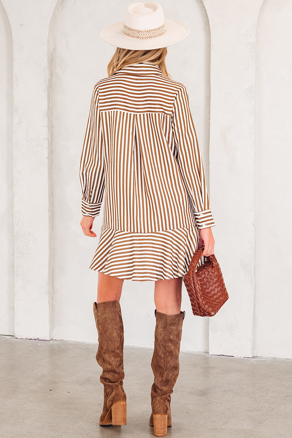 Ruffled Long-Sleeved Hem Collared Shirt Mini Dress