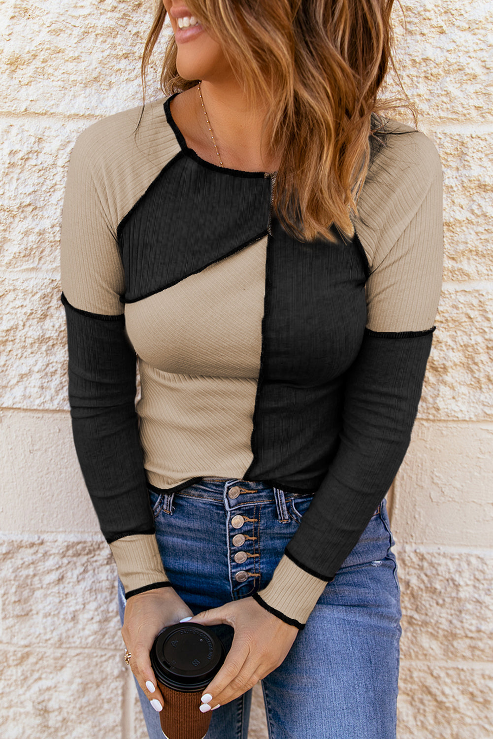 Irregular Trim Colorblock Seaming Rib-Knit Top