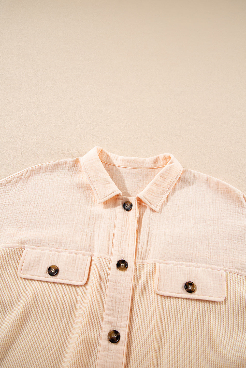 Waffle Splicing Short Batwing Sleeve Flap Detail Shirt