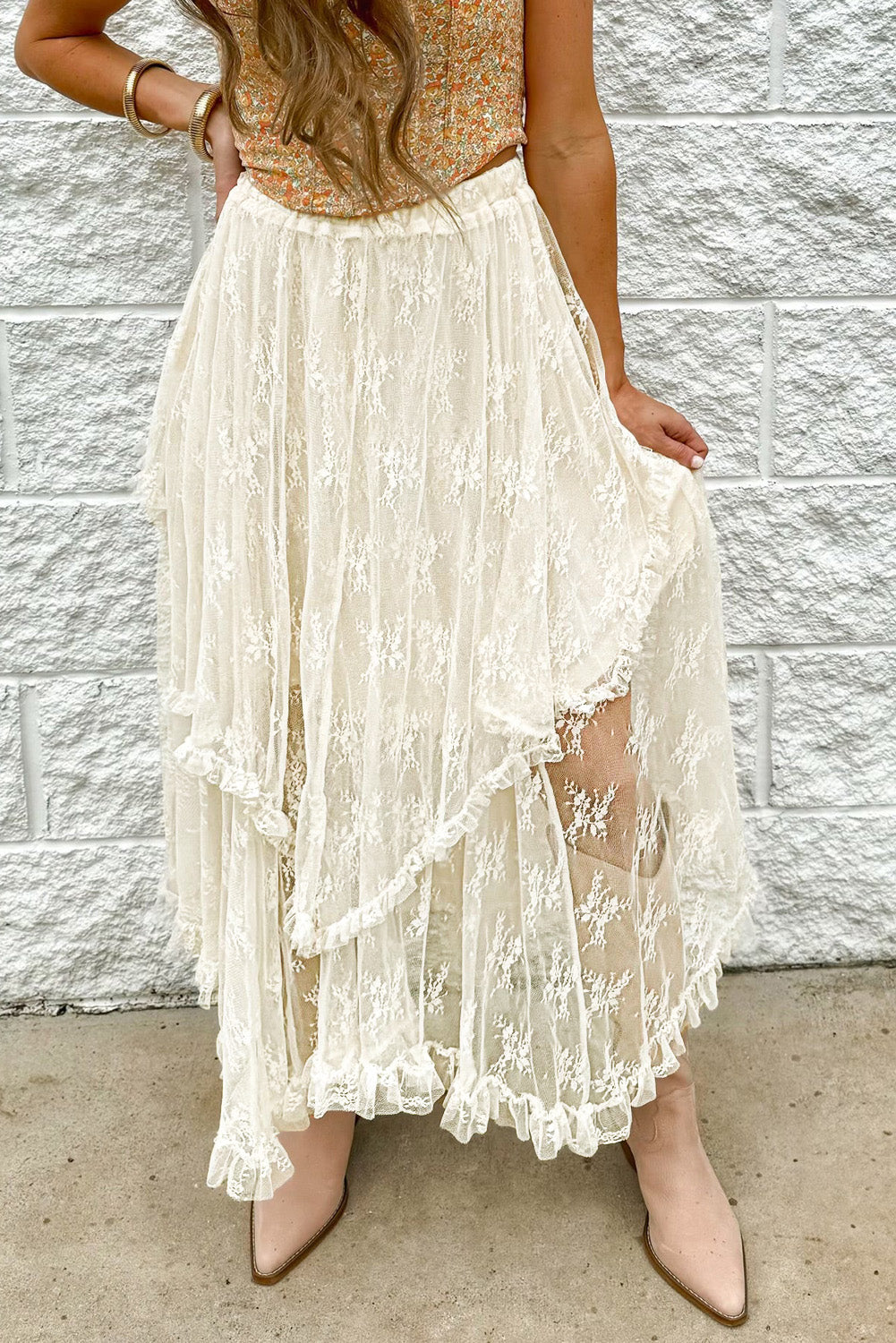 Lace High-Waisted Cascading Tiered Maxi Skirt in Beige