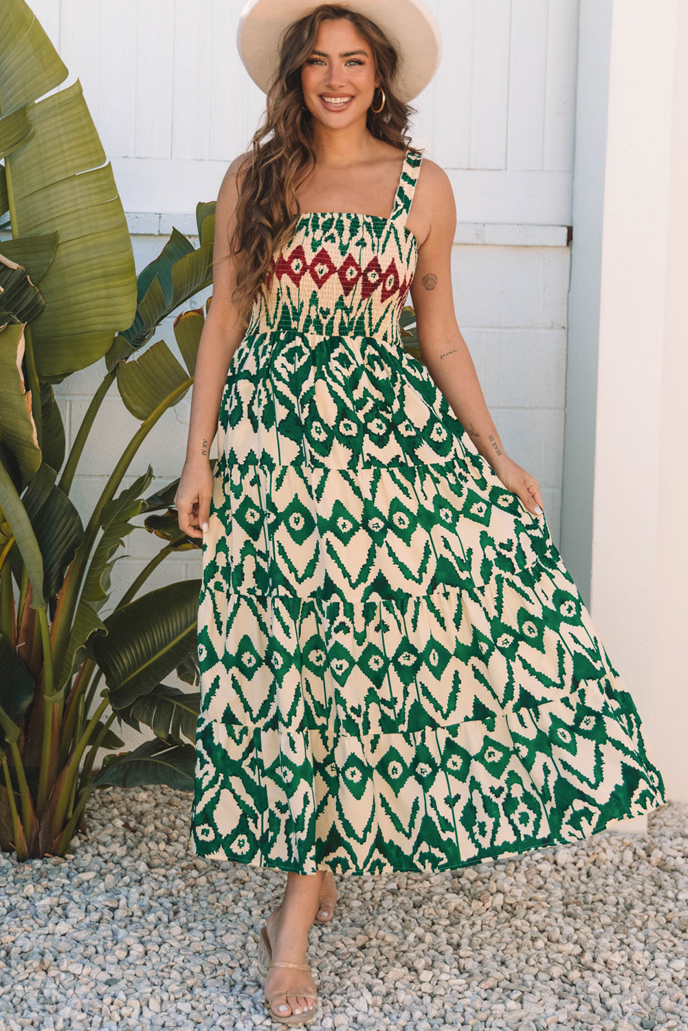 Western Aztec Shirred A-line Sleeveless Maxi Dress