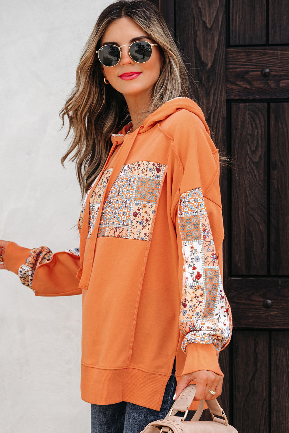 Patchwork Mix Floral Side Slit Drawcord Hoodie