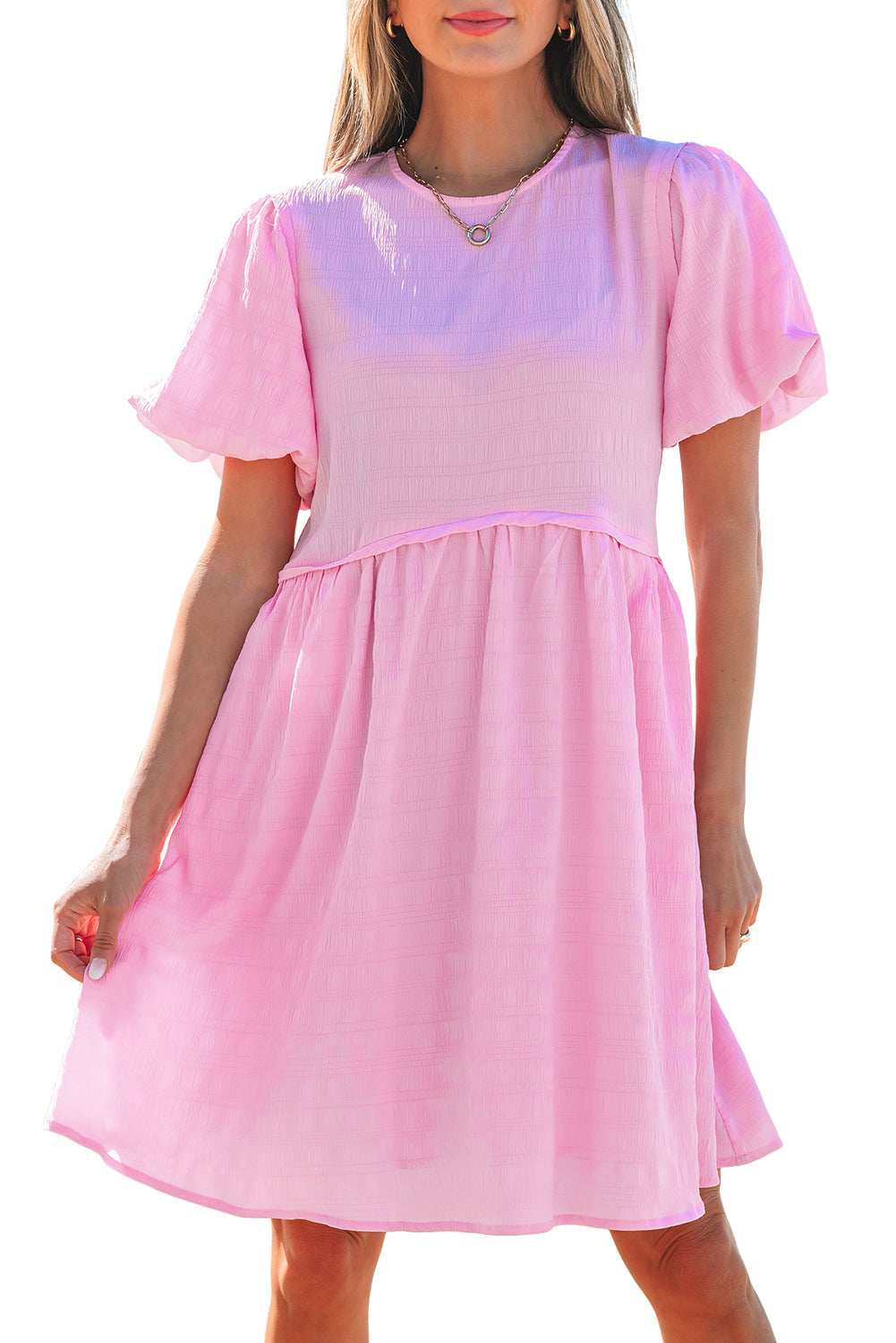 Pink Textured Bubble Sleeve High Waist Mini Dress
