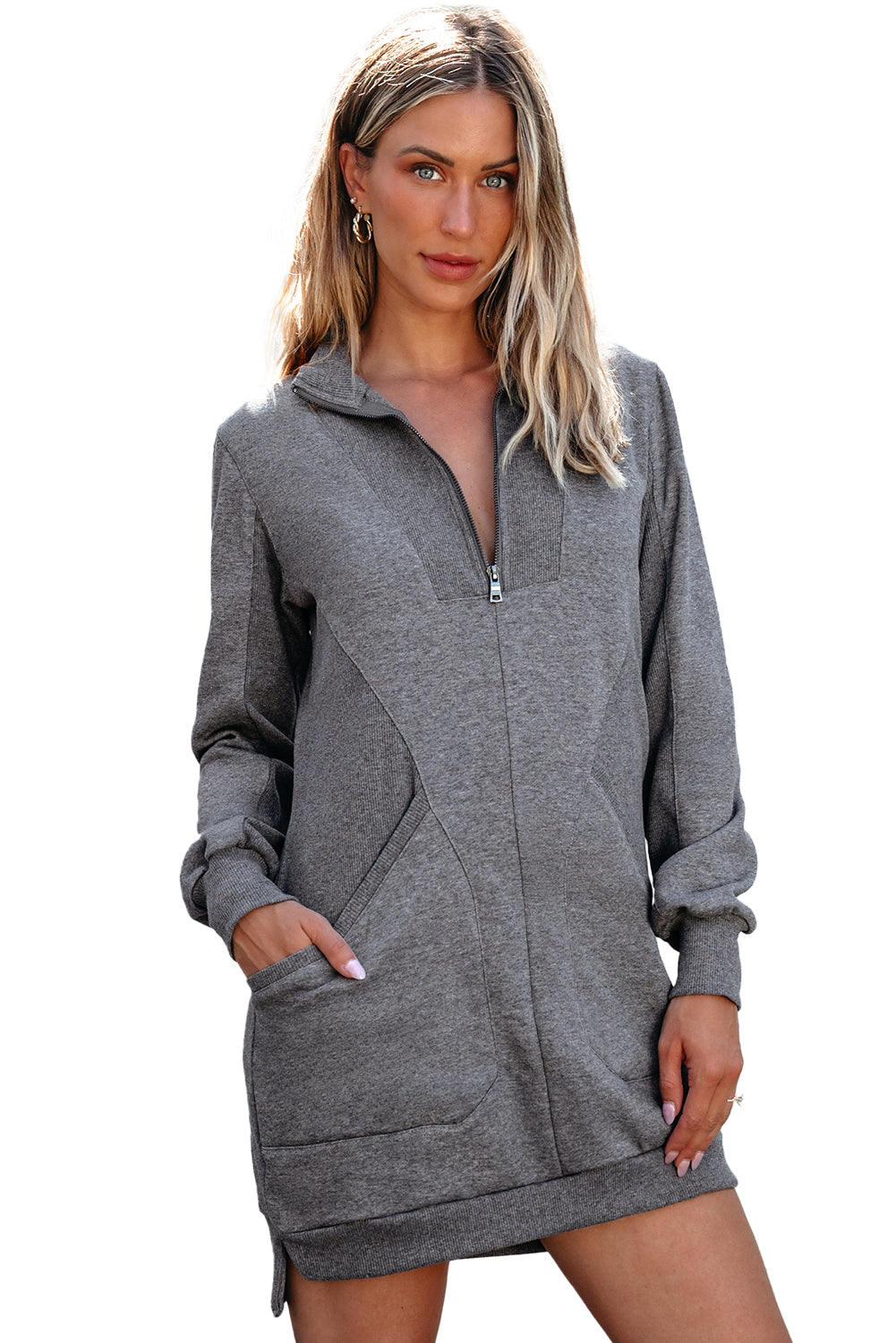 Zip-Front Patchwork Collared Rib-Knit Sweatshirt Dress Featuring Pockets